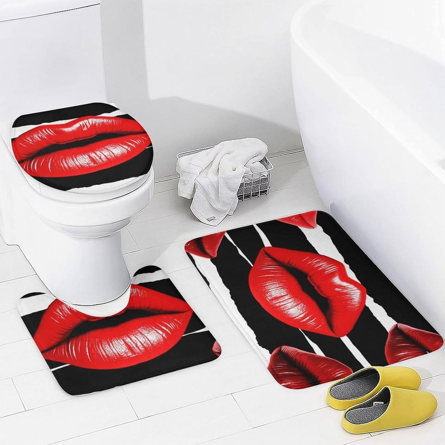 Red Lips Kiss Shower Curtain Set 4 Piece, Non-Slip Bath Mat with Toilet Lid Cover and Waterproof Shower Curtain with 12 Hooks, Complete Bathroom Set for Home Decor
