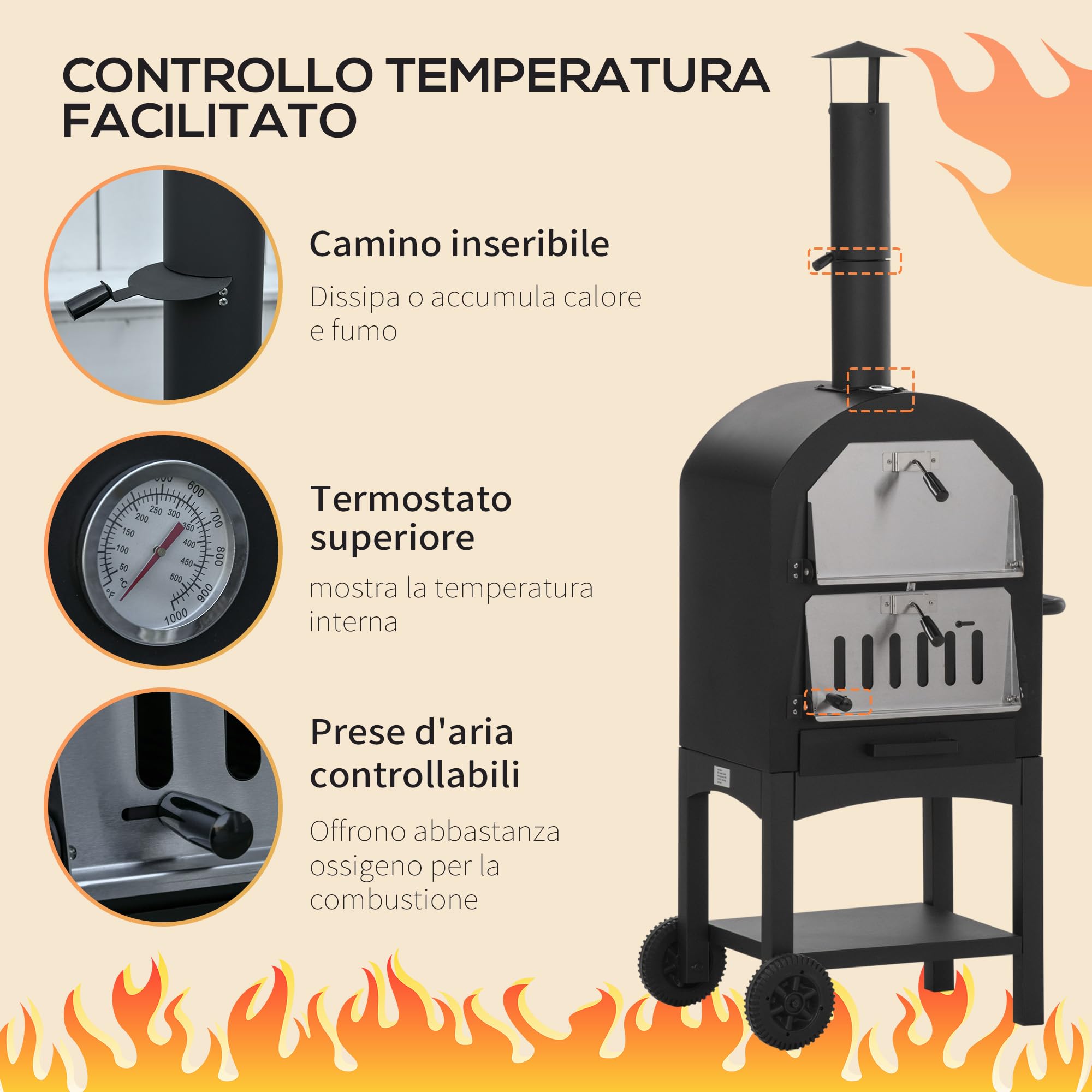 Outsunny Forno per Pizza e Barbecue a Carbone Portatile, Forno a Legna per Esterno con Ruote in Acciaio con Camino e Ripiano Inferiore, 63x54x161 cm, Nero
