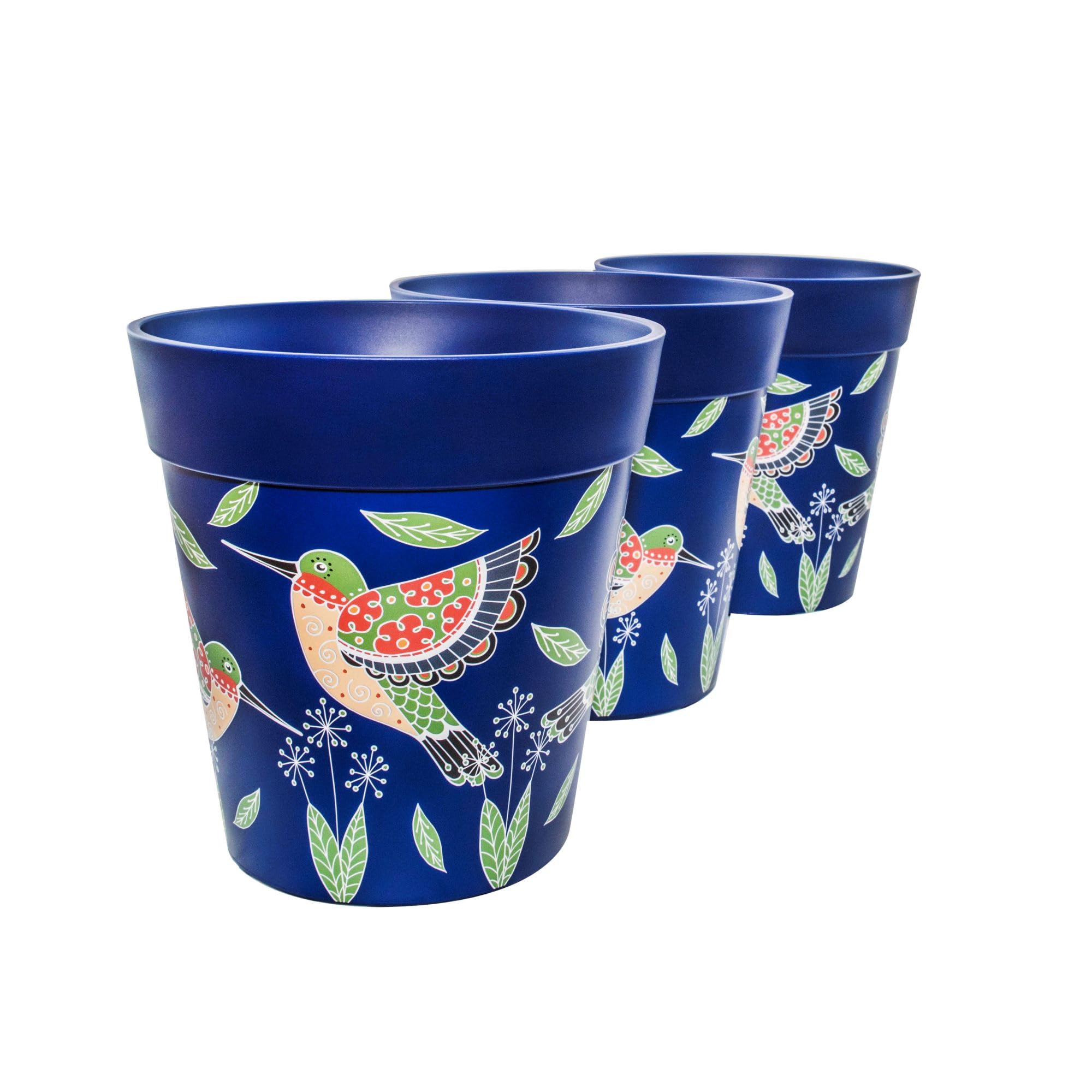 Hum Flowerpots, 22cm Set of 3, Various Patterns Colours and Sizes, Indoor/Outdoor Plastic Plant Pots, Blue Hummingbird โ image 1