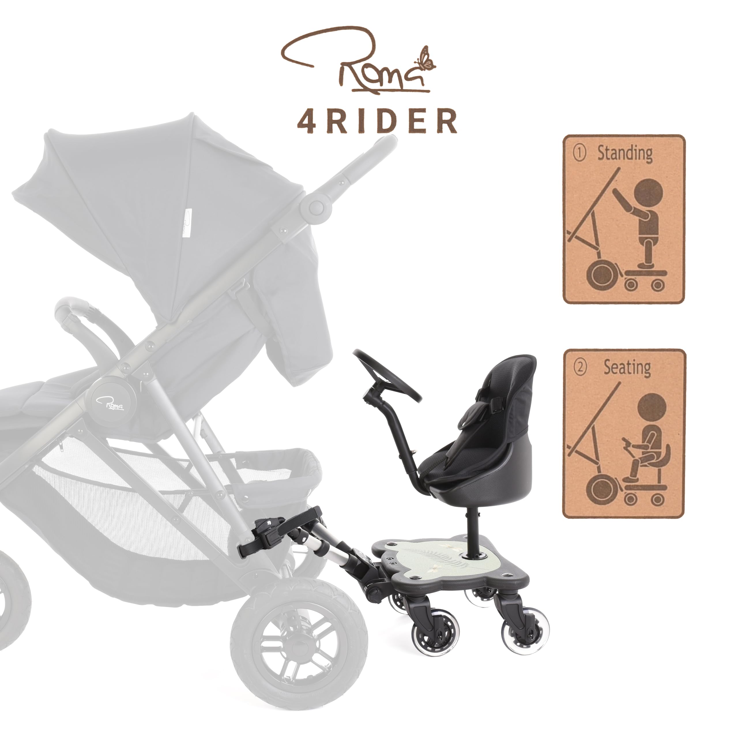 Roma X RHS Planche universelle pour poussette 4 Rider avec siège - Roues à LED, siège à motifs, s'adapte à 99% des landaus, pour enfants de 1 à 6 ans (25 kg), design à 4 roues, roue jouet, assise ou