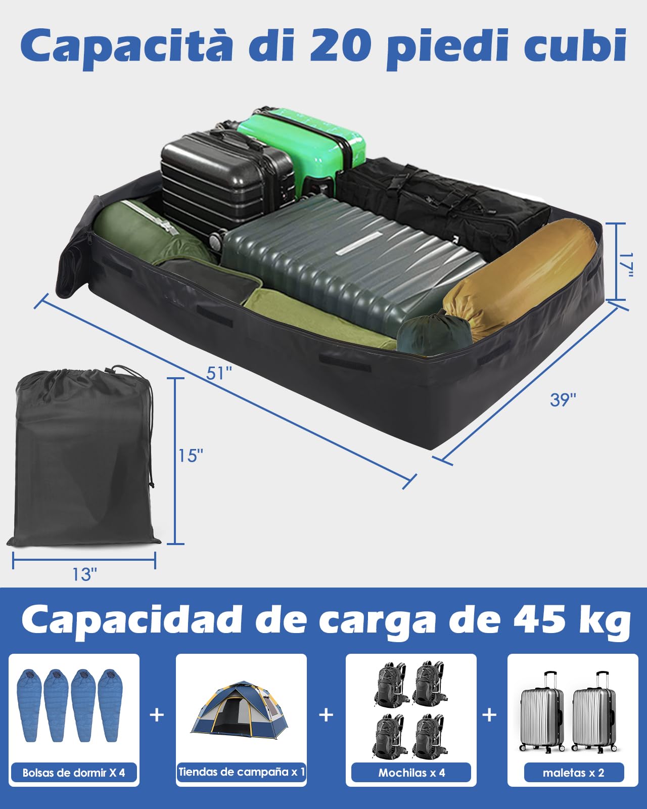 Zacro waterdichte daktas, 565L/20 kubieke voet, voor alle auto's met/zonder bagagerek, 500D dik PVC, antislipmat, opbergtas