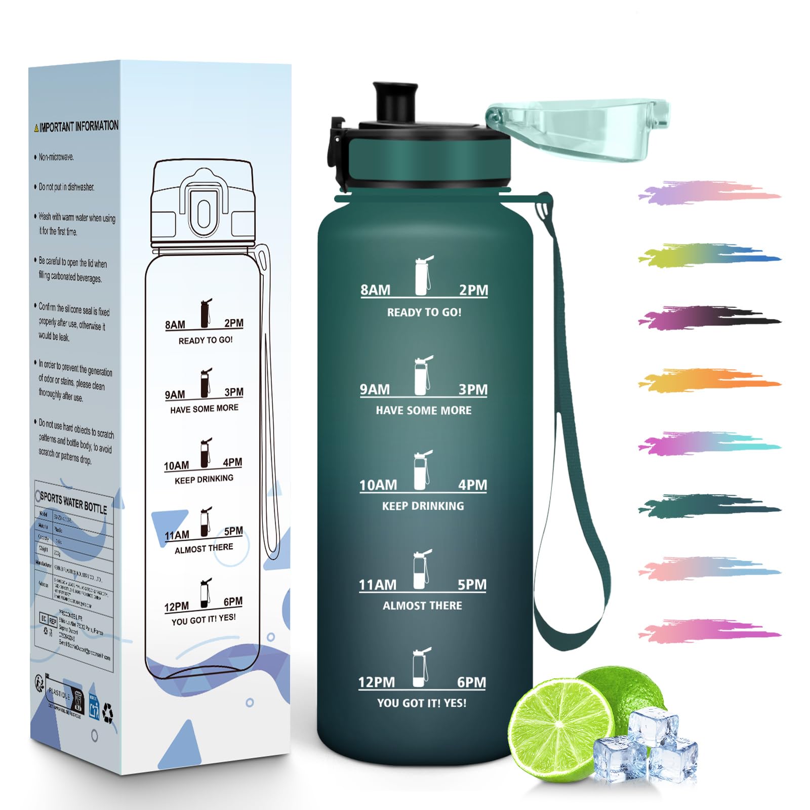 HoneyHolly Trinkflasche, Motivierend und Auslaufsicher, 1,5L, Wasserflasche, Zeitmarkierung, Trinkflasche Sport, Wiederverwendbar, Water Bottle für Fitnessstudio, Arbeit, Camping, Wandern