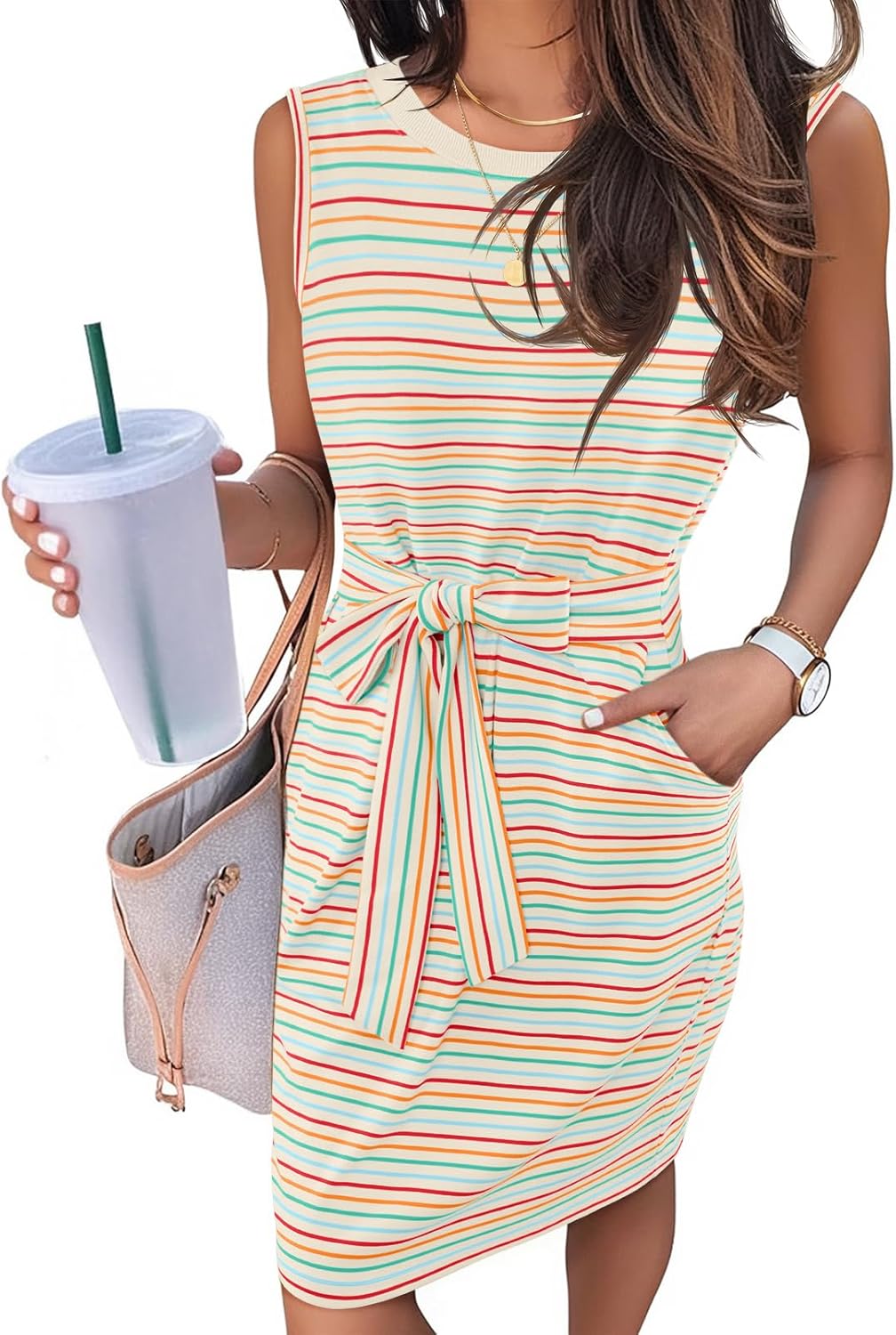 MEROKEETY Women's 2026 Summer Casual Dress Striped Sleeveless Crew Neck Tie Waist Beach Vacation Trendy Short T Shirt Dresses