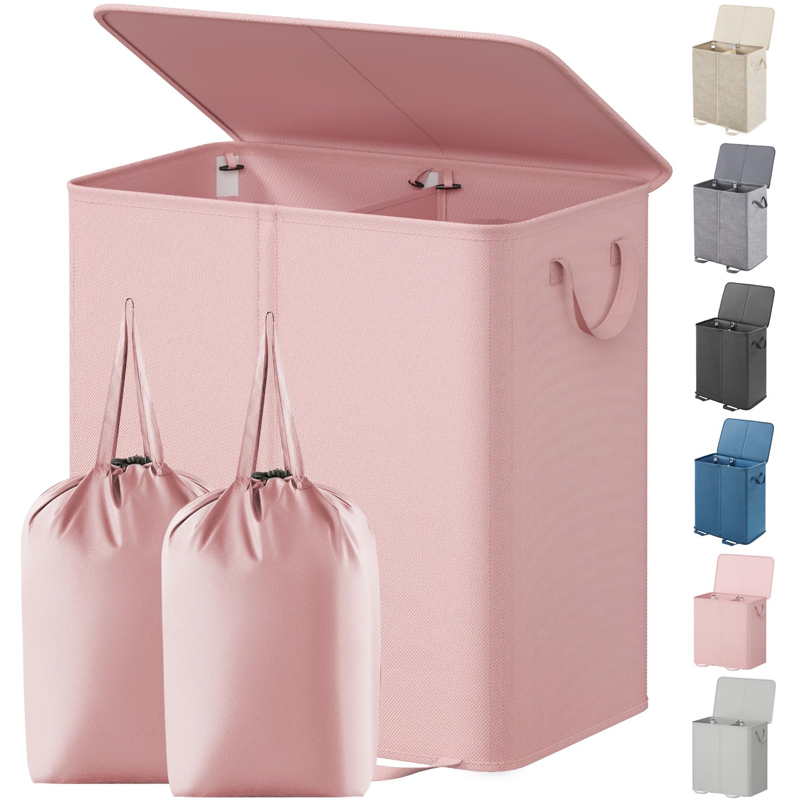 Photo 1 of **MISSING INSERT BAGS** Lifewit Double Laundry Hamper with Lid and Removable Laundry Bags, Large Collapsible 2 Dividers Dirty Clothes Basket with Handles for Bedroom Laundry Room Closet Bathroom College, 136L Pink