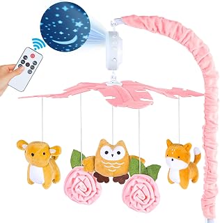 LearningPlaying Pink Baby Crib Mobile: Music, Lights, Remote Control, 360° Rotation & Starlight Projection for Boys Girls