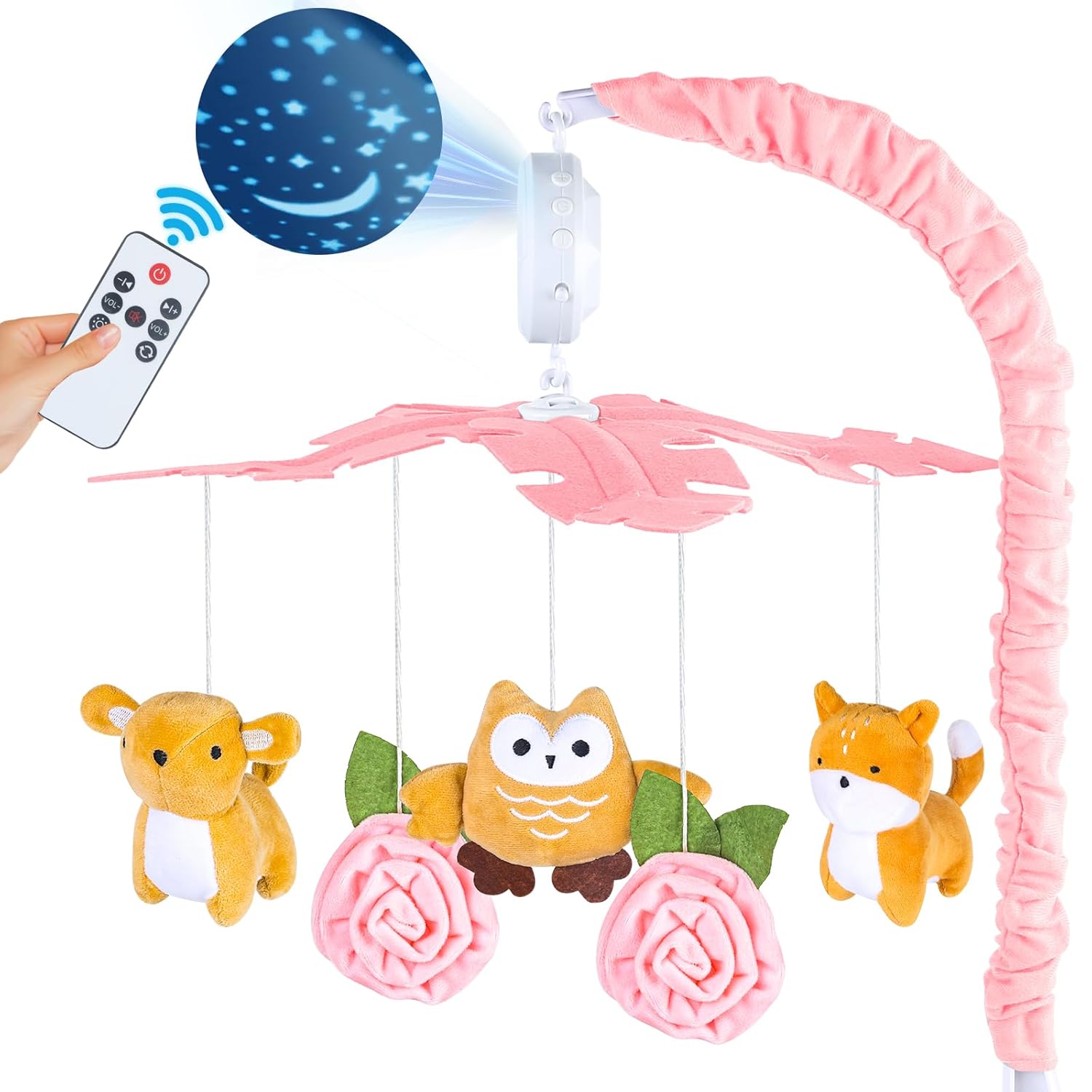 LearningPlaying Pink Baby Crib Mobile: Music, Lights, Remote Control, 360° Rotation & Starlight Projection for Boys Girls