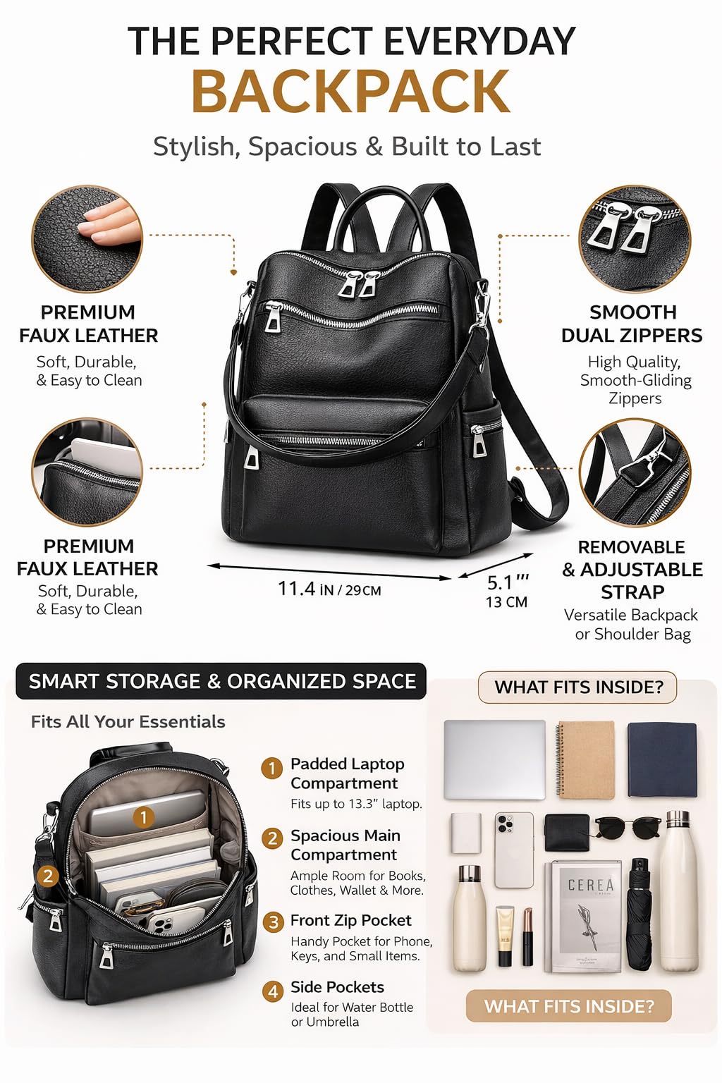 Craftwood Leather Backpack for Women | Large Capacity | College and Office use | PU Leather | shoulder bag for Ladies, Black 4