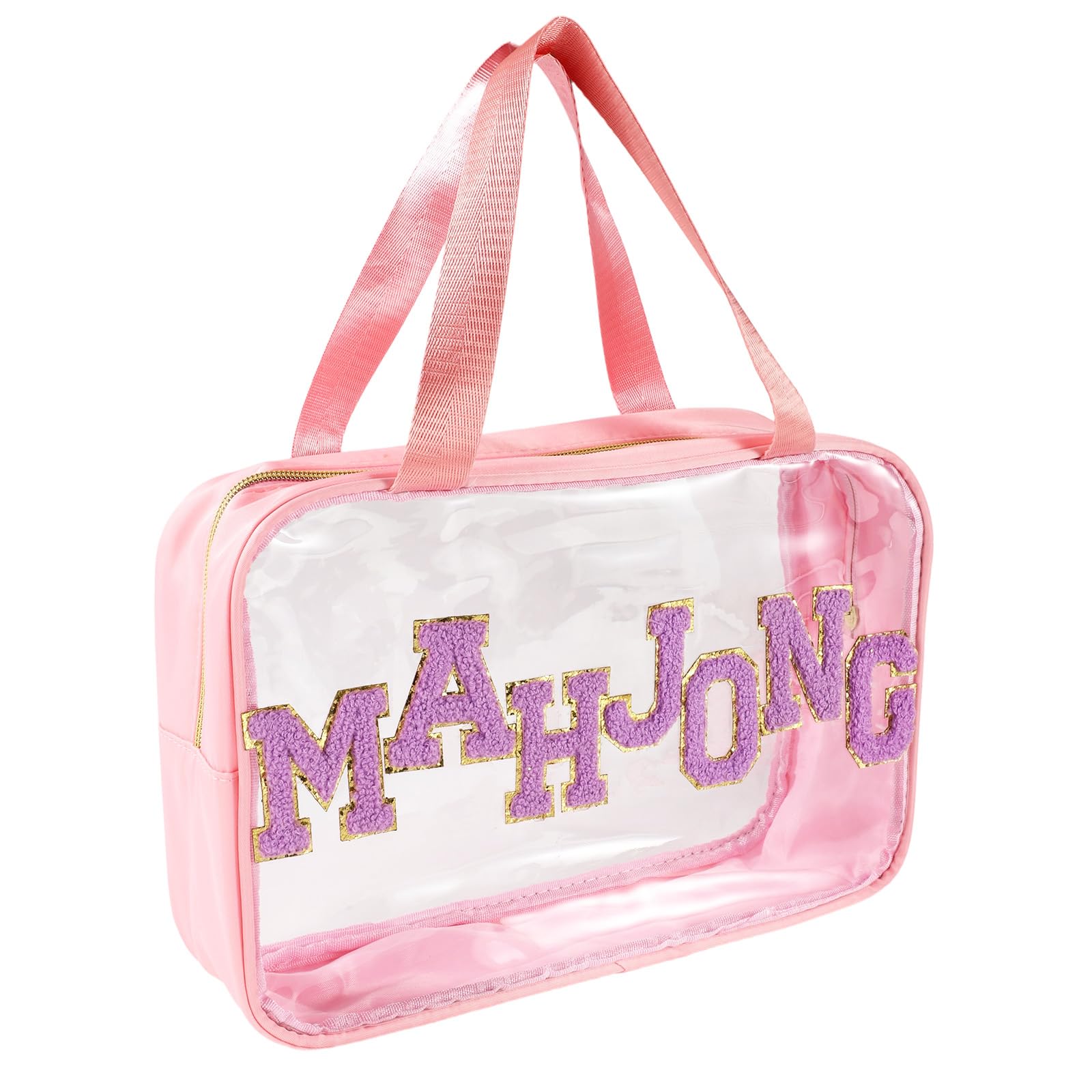 Empty Mahjong Bag, 11.81x8.66x3.54in PVC Material Clear American Mahjong Tile Travel Carrying Storage Case with Smooth Zipper and Sewn-In Chenille Lettering Patterns for Game Lovers(Only Bag, Pink)