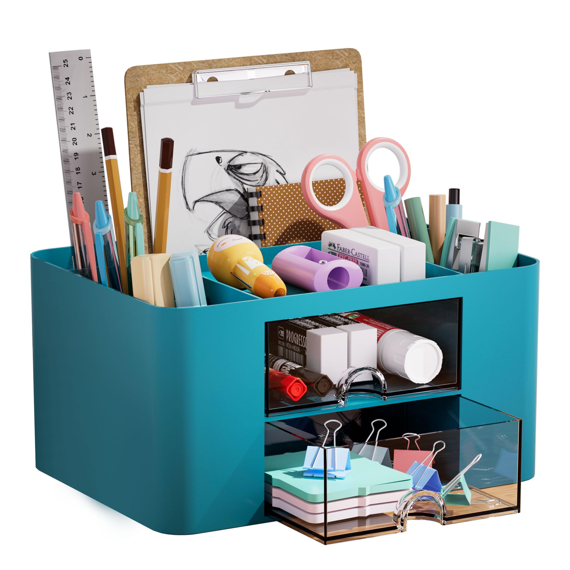 Marbrasse Desk Organiser with Drawers,Multifunctional Pen Holder with Compartments,Stationary Organiser for Home Office Desk and Accessories (Dark Green)