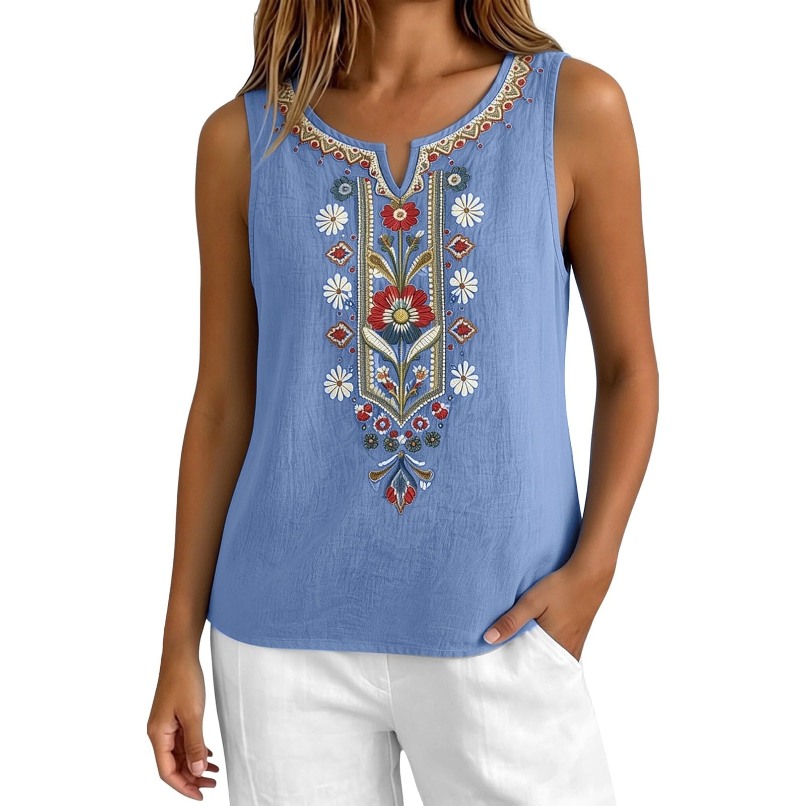 Chemise sans manches anti-transpiration en lin et coton ample col V