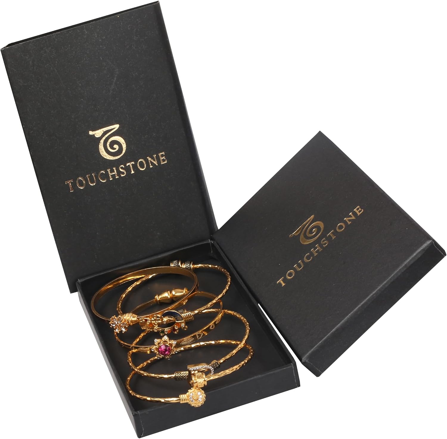 Touchstone Indian Bollywood Handcrafted Engraved Etched Floral Round Rhinestones Cubic Zirconia CZ Designer Jewelry Openable Elegant Gold Plated Bracelets Combos for Women