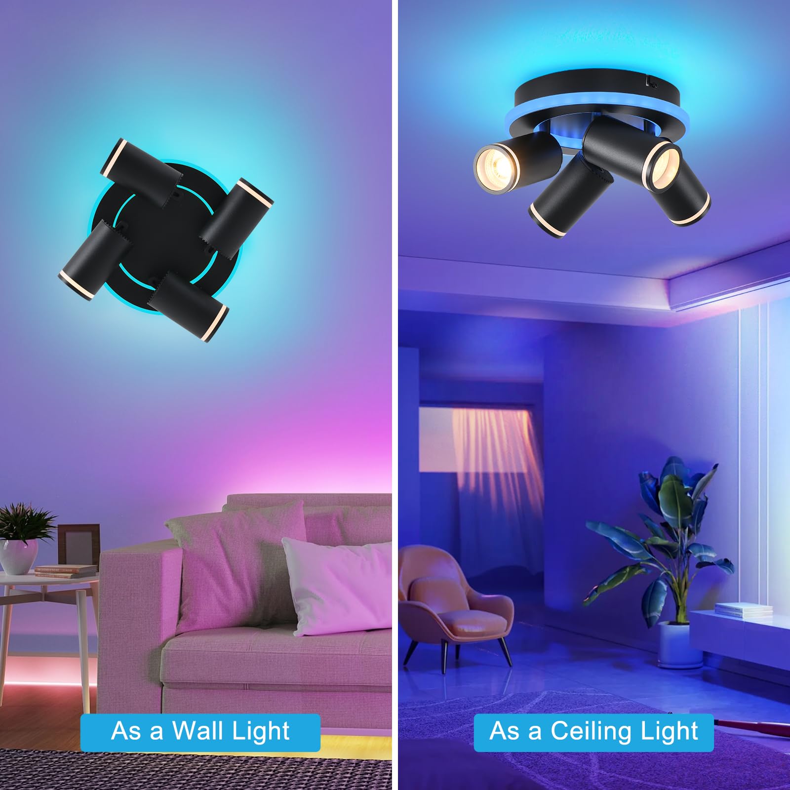 SANSHI Deckenlampe LED Dimmbar mit Fernbedienung,RGB Farbwechsel,Schwarz | Schwenkbar 350° Deckenleuchte,4 Flammig Rund Deckenstrahler,unteres Glühen 14W+4x5W GU10 spots,Modern Lampe Decke für Küche