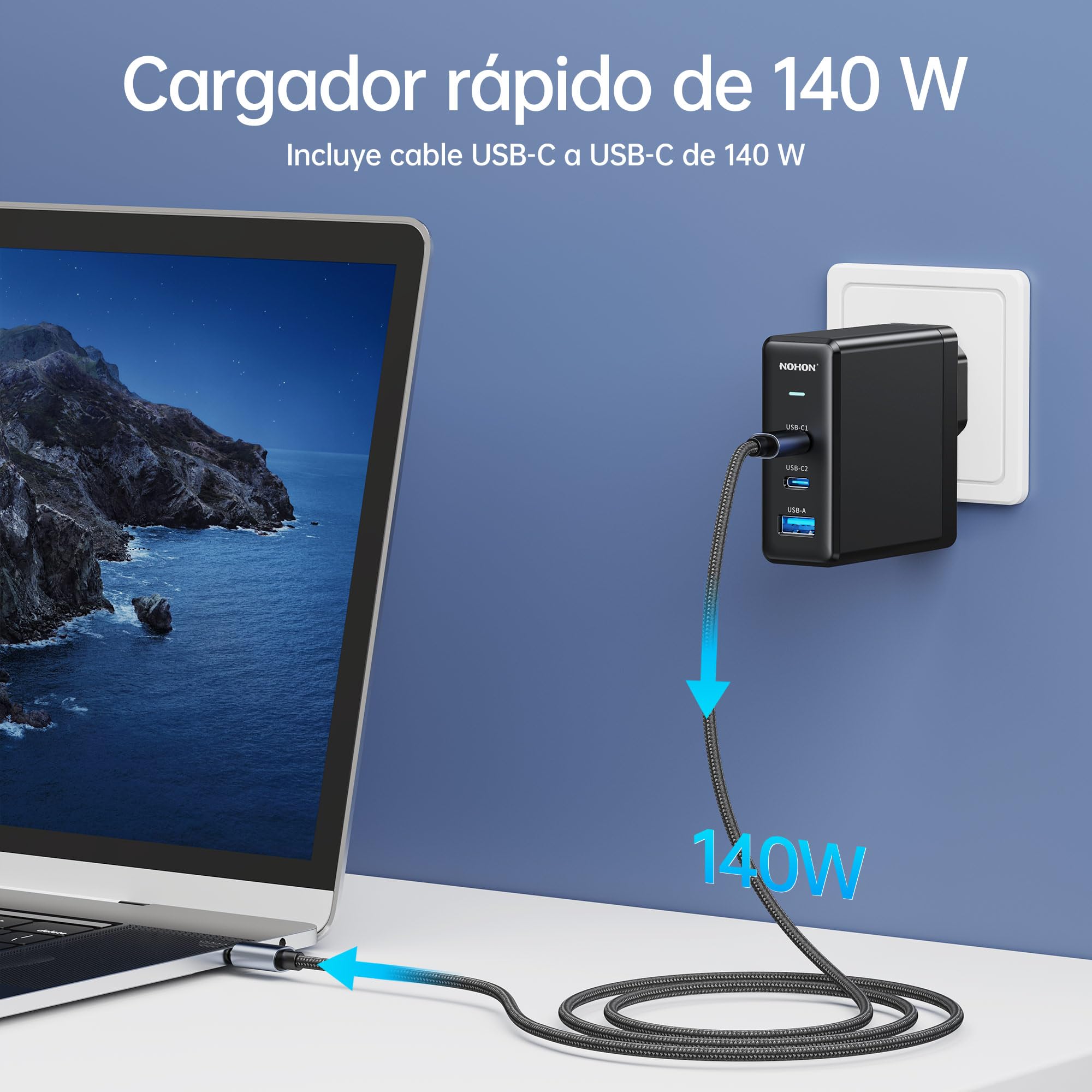NOHON Cargador USB C Rápido Cargador: 140 W PD 3.0 GAN Fuente de Alimentación con Cable Tipo C Carga Rápida 140 W 1,2 M | 3 Puertos Compatible con iPhone 12 13 14 15 MacBook iPad Laptop Samsung S