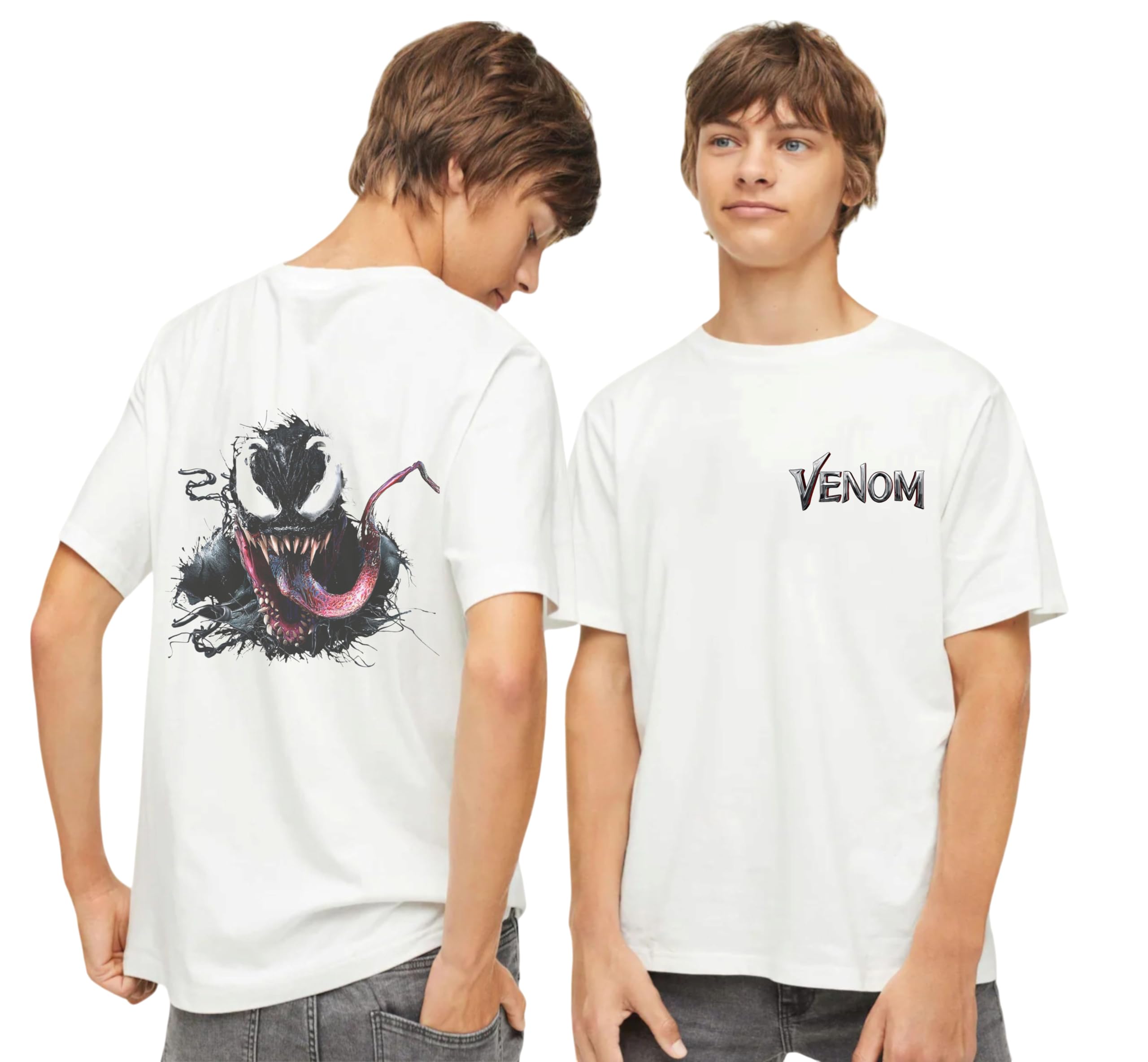 Uniplanet Store Camiseta de mezcla de algodón blanco para niños, cuello redondo, media manga, ajuste regular con estampado Venom Anime en la espalda, elegante camiseta casual para jóvenes fanáticos