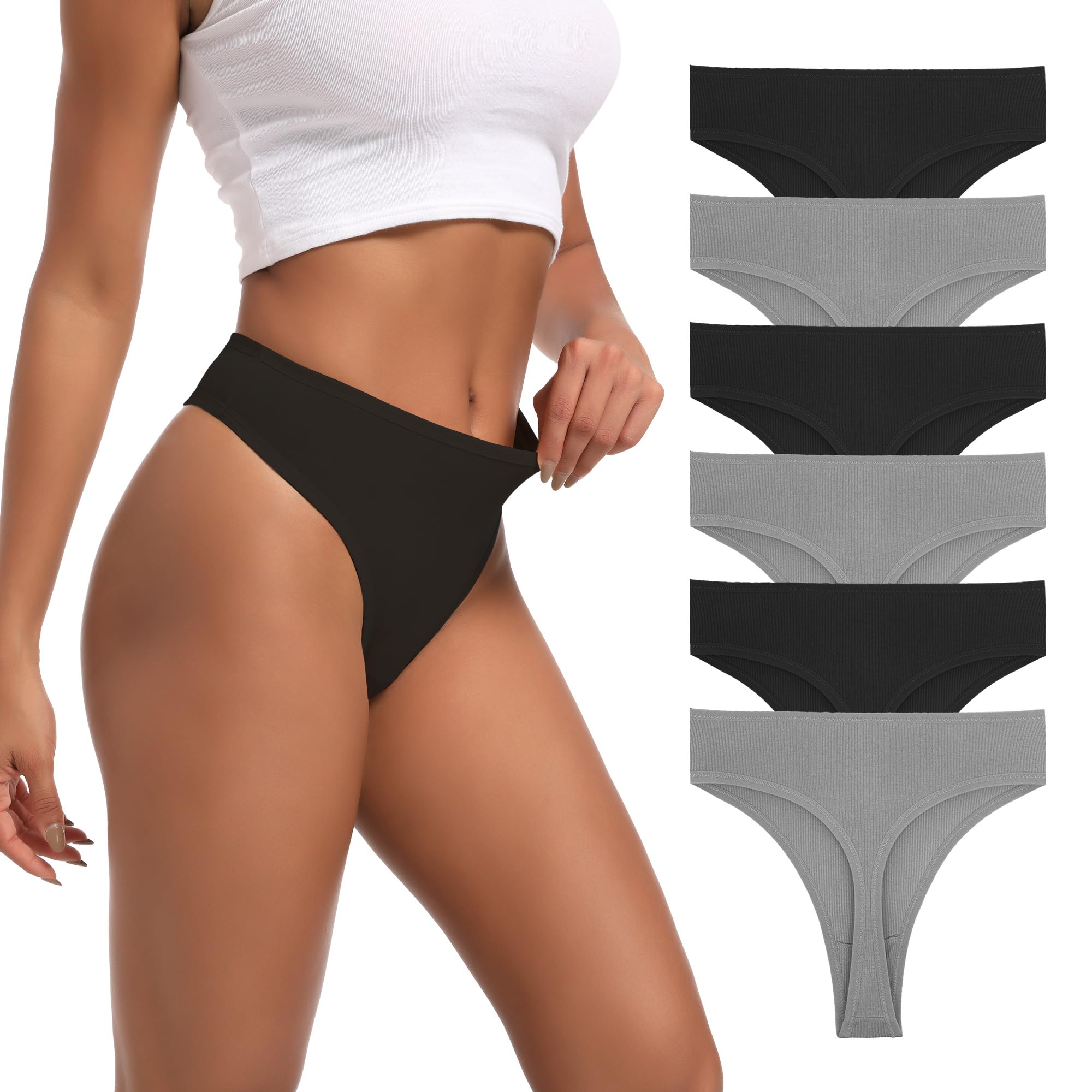High Waisted Thongs for Women Ribbed Cotton Thong Underwear 6-Pack