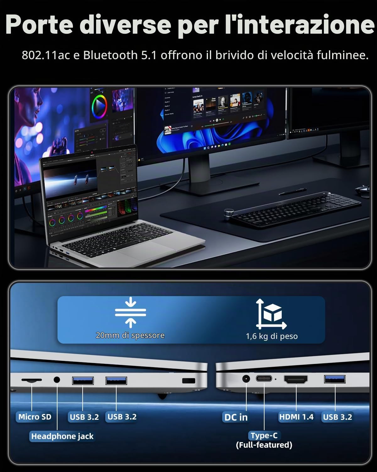 PC Portatile 15,6 Pollici con Ryzen 5 5500U, 16GB RAM 1TB SSD, Win 11 Notebook Schermo FHD 1920*1080, Laptop con Tastiera Retroilluminata con Tastierino Numerico, Computer Portatile Type-C HDMI USB3.0