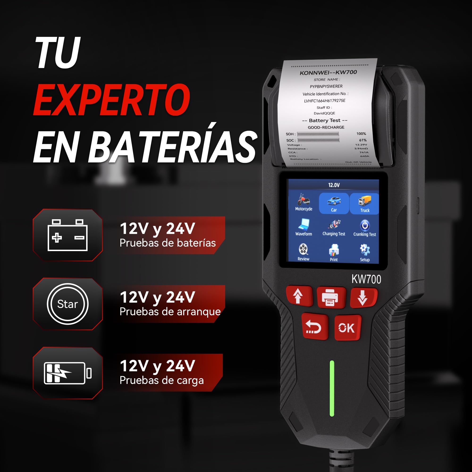 KONNWEI Comprobador de batería de coche con impresora 12 V 24 V, prueba de arranque y carga, 100-2000 CCA, analizador de batería para coche, camión, motocicleta (papel incluido)