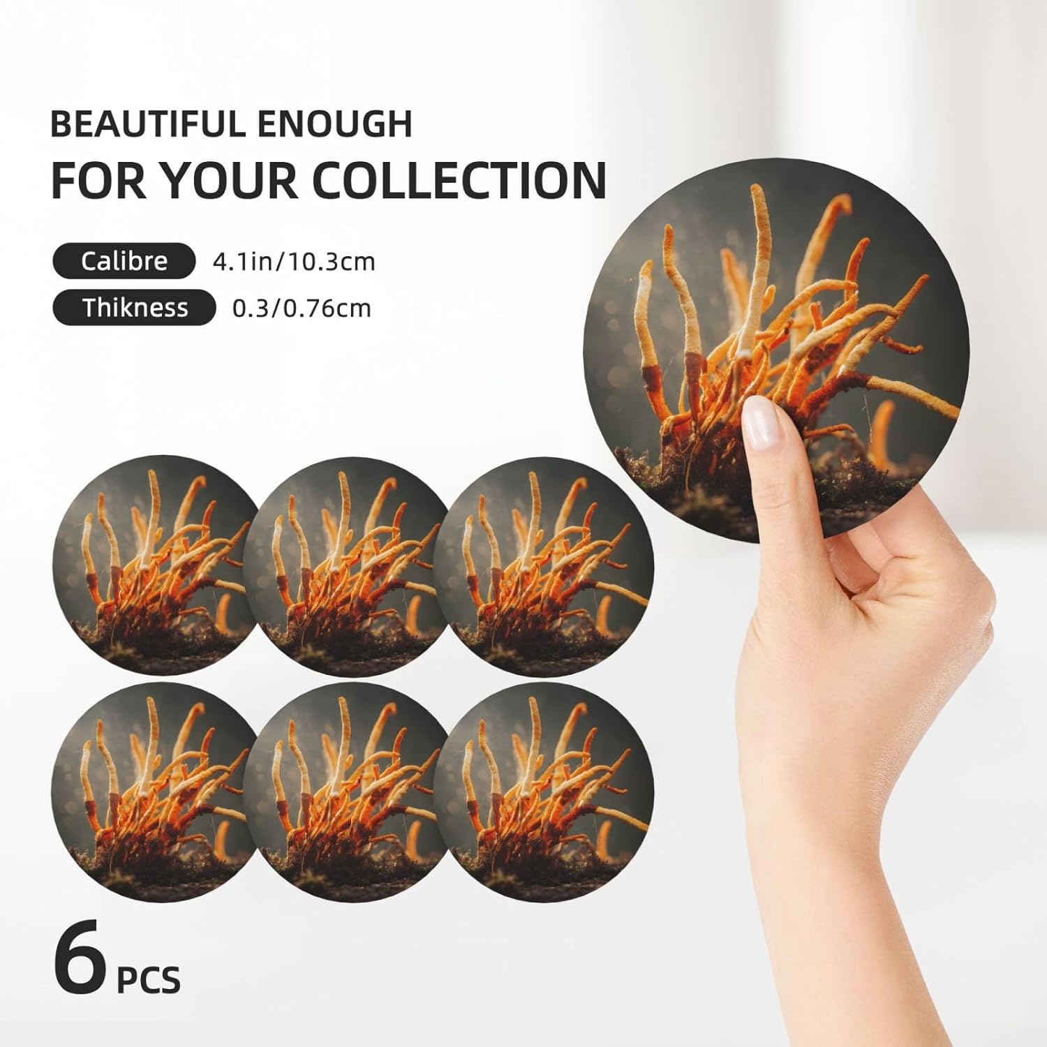 (Cordyceps sinensis) Ceramic Coasters Set of 6 with Holder Non-Slip Round Coffee Coasters for for Cup Mug Drink Patio Coffee Table Decor, Christmas Coasters Home Bar Supplies