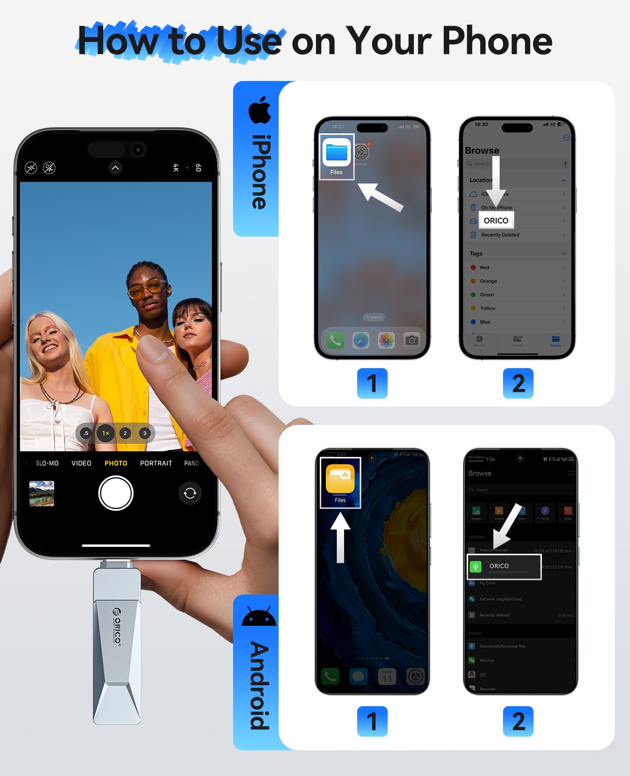 ORICO Pamięć flash USB-C i USB-A 128 GB, 150 MB/S, metalowa obudowa, obrotowa konstrukcja, obsługa funkcji OTG, 2 w 1, pendrive do urządzeń USB C i USB A, CB05 BL