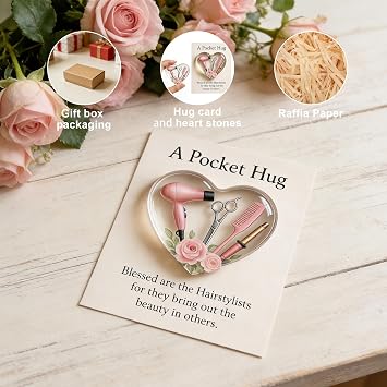 A Pocket Hug for Hairstylists Valentines Day Gifts, Hairdresser Gifts, Mini Hairdresser Tools Valentines Day Cards, Heart Pocket Hug Token with Greeting Cards Hairstylist valentines day decorations Gift for Barbers Cosmetologists Friends Families(Pink)
