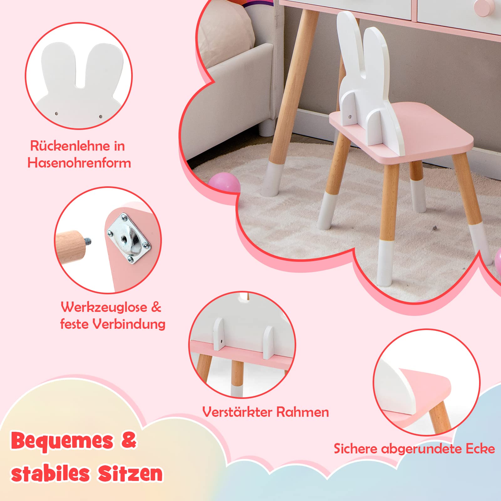 DREAMADE 2 in 1 Kinder Schminktisch mit Hocker und abnehmbarem Spiegel, Kinderschminktisch aus Holz, Prinzessin Frisiertisch Kosmetiktisch mit Schublade für Kinder Mädchen ab 3 Jahren (Weiß)
