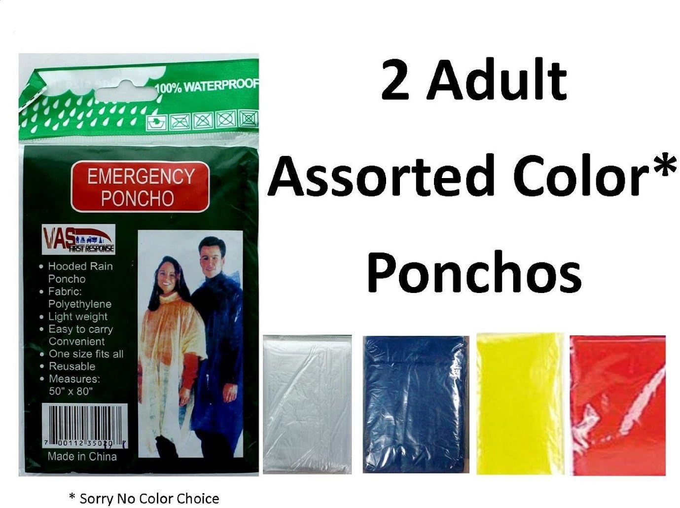 VAS 2 PK Assorted Color Emergency Hooded RAIN Poncho