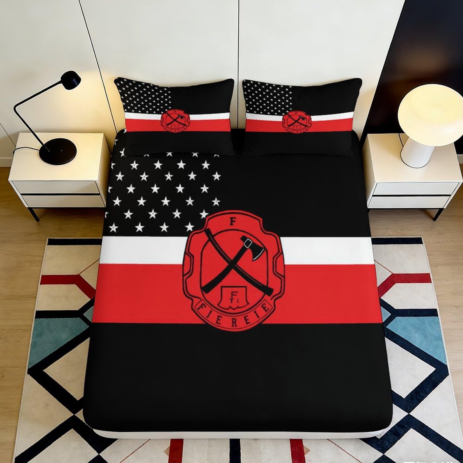 3D Printed Firefighter American Flag Fitted Sheet Microfiber Non Slip Bed Cover for Bedroom Dorm Mattress Protection Decor 120x200x25cm