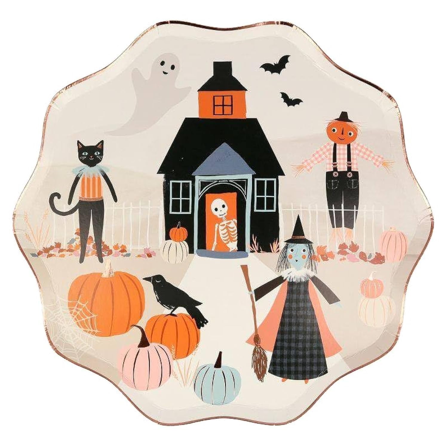 Meri Meri Pumpkin Patch Dinner Plates – Festive Halloween Plates With Happy Icons & Copper Foil Accents – Eco-Friendly Tableware For Family-Friendly Halloween Parties – Pack Of 8