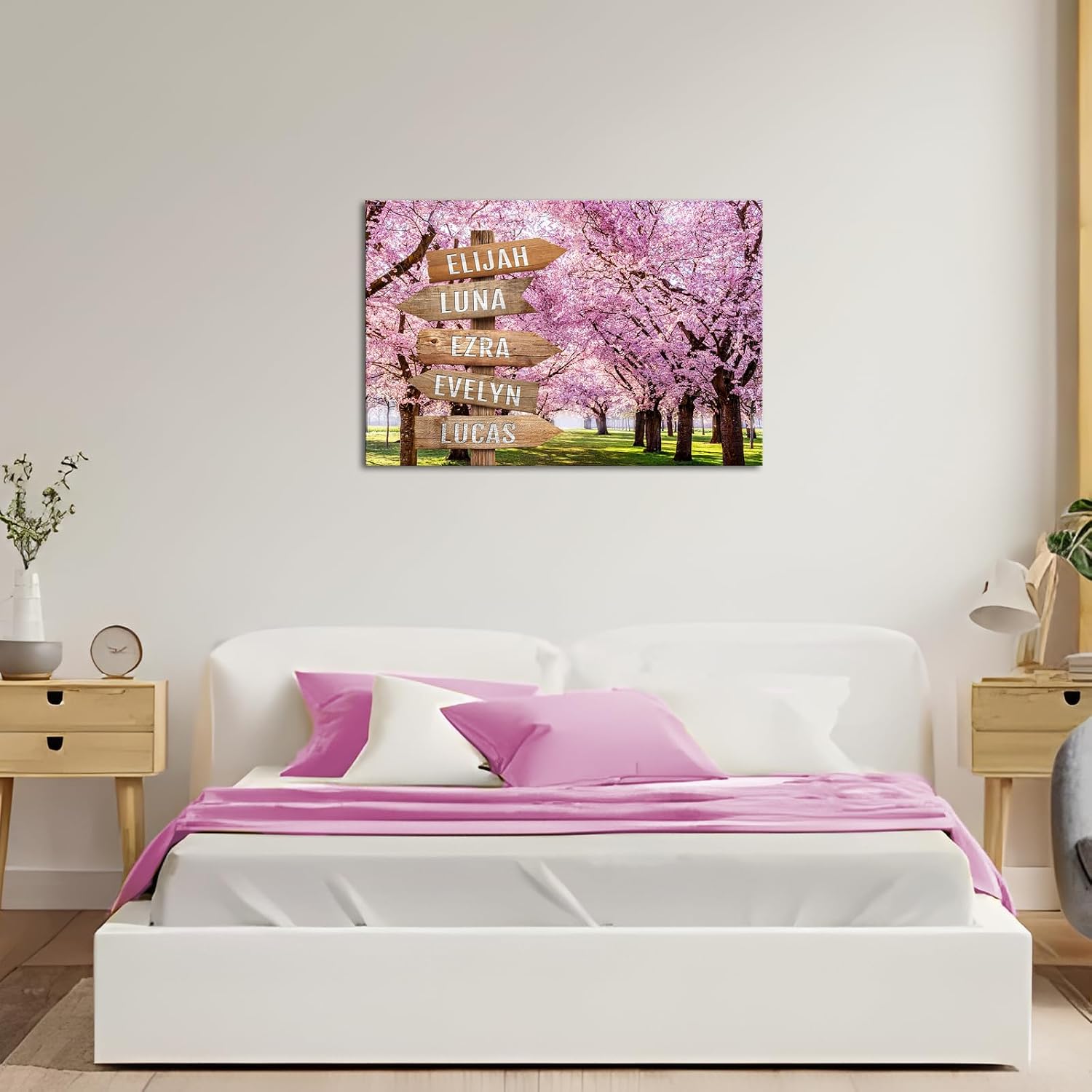 iLOOKLiKE Cherry Tree Blossoming Park Personalized Street Sign with Name Wall Art for Family Custom Multi Names Canvas Prints Spring Landscape Pictures Painting Gifts for Home Decor Anniversary