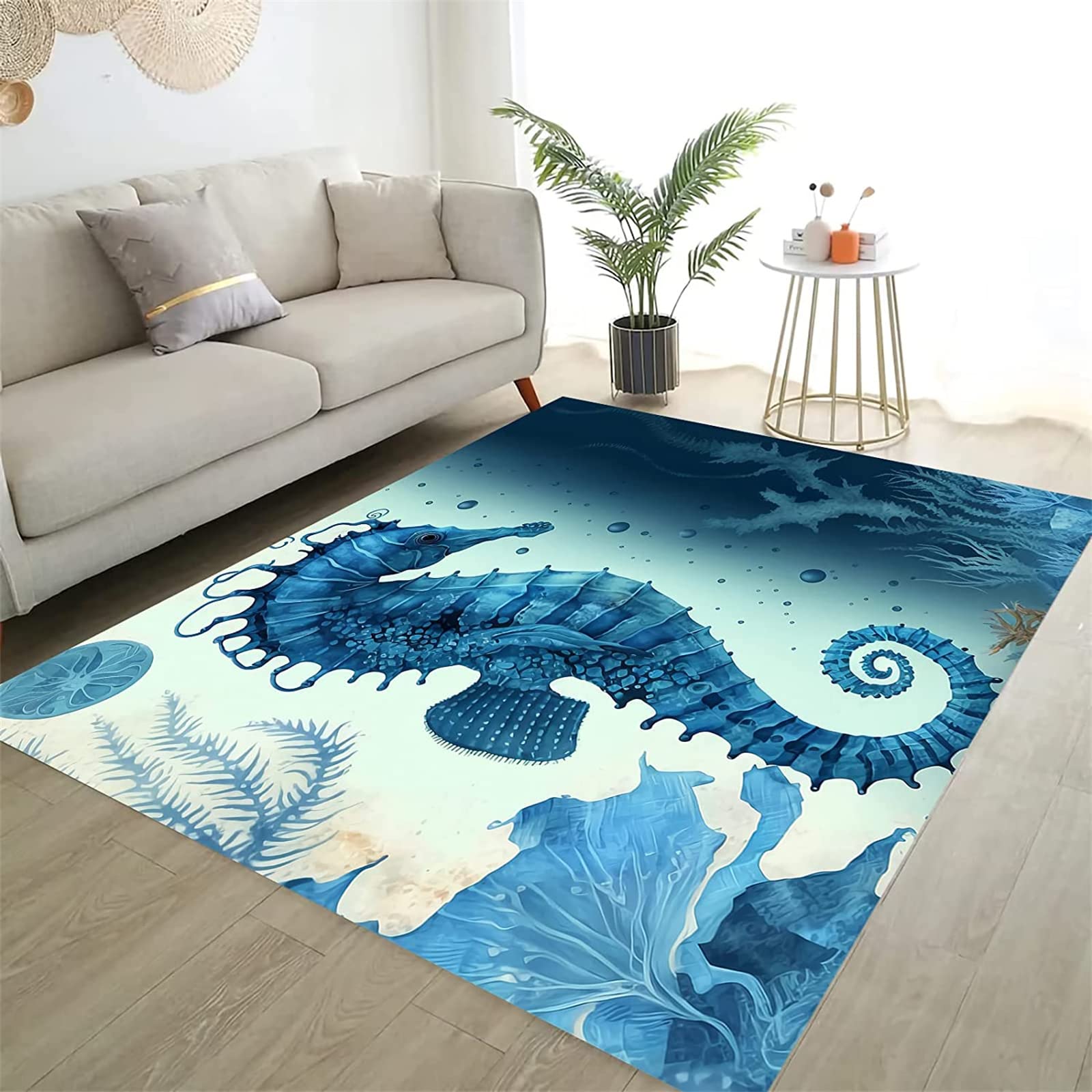 Blue Sea Seahorse Nautical Area Rug,3x5ft Ocean Animal Print Non-Slip Rugs, Underwater World Living Room Decorative Carpet, for Living Room, Bedroom