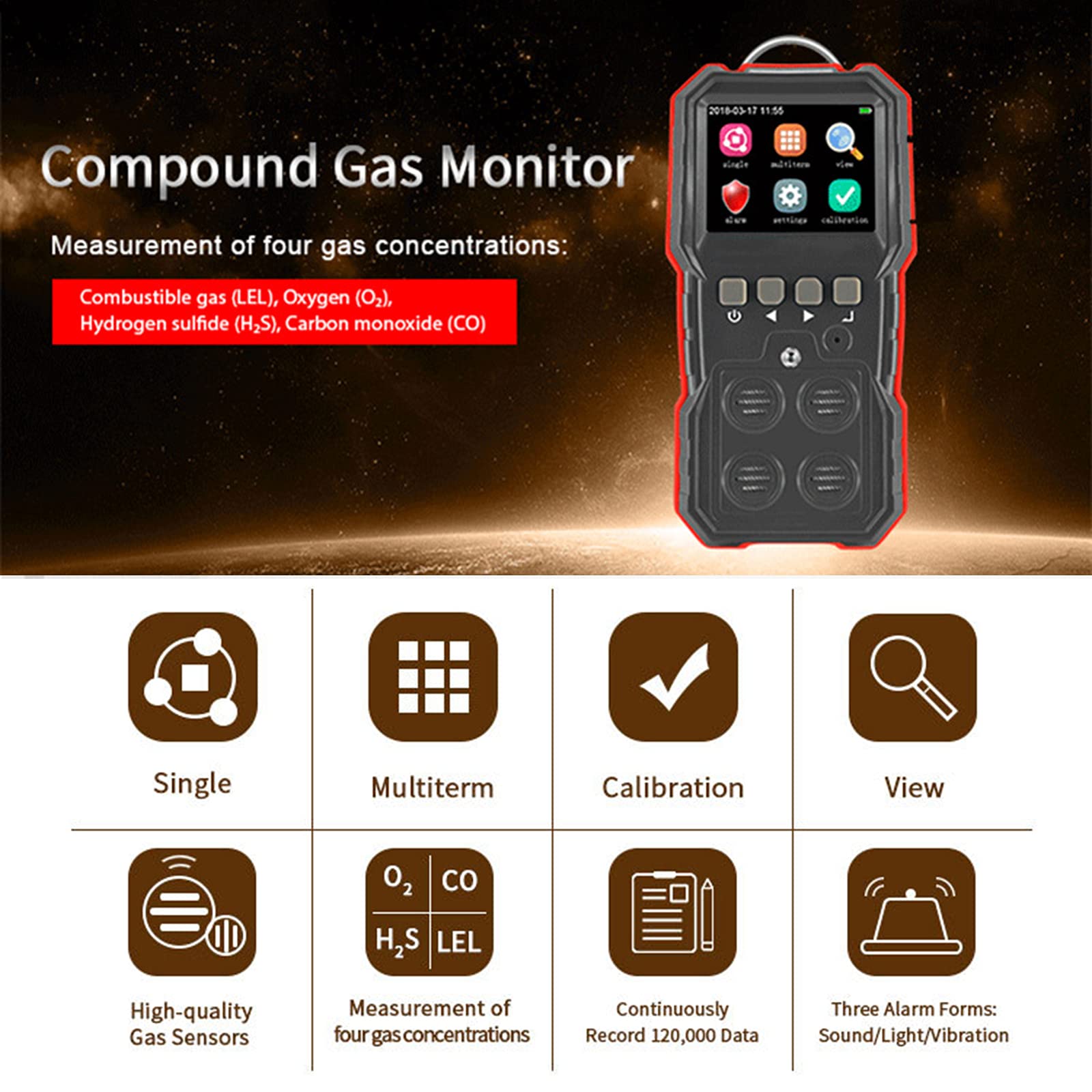 Monitor De Gas 4 En 1 Detector De Monóxido De Carbono LCD Oxígeno De Sulfuro De Hidrógeno Fuga De Gas Combustible Analizador De Sensores Alarma De Datos