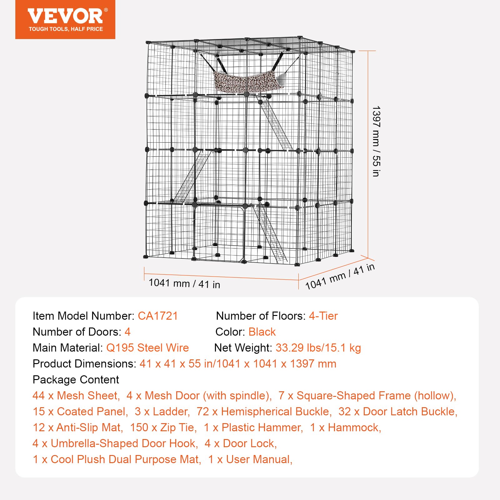 VEVOR Cage Chat 4 Niveaux, Grand Enclos Chats Fil Métallique Modulable Amovible à Monter, avec 4 Portes, Échelles, Hamac, Espace Exercice Extérieur Intérieur pour Petits Animaux, 1041x1041x1397 mm