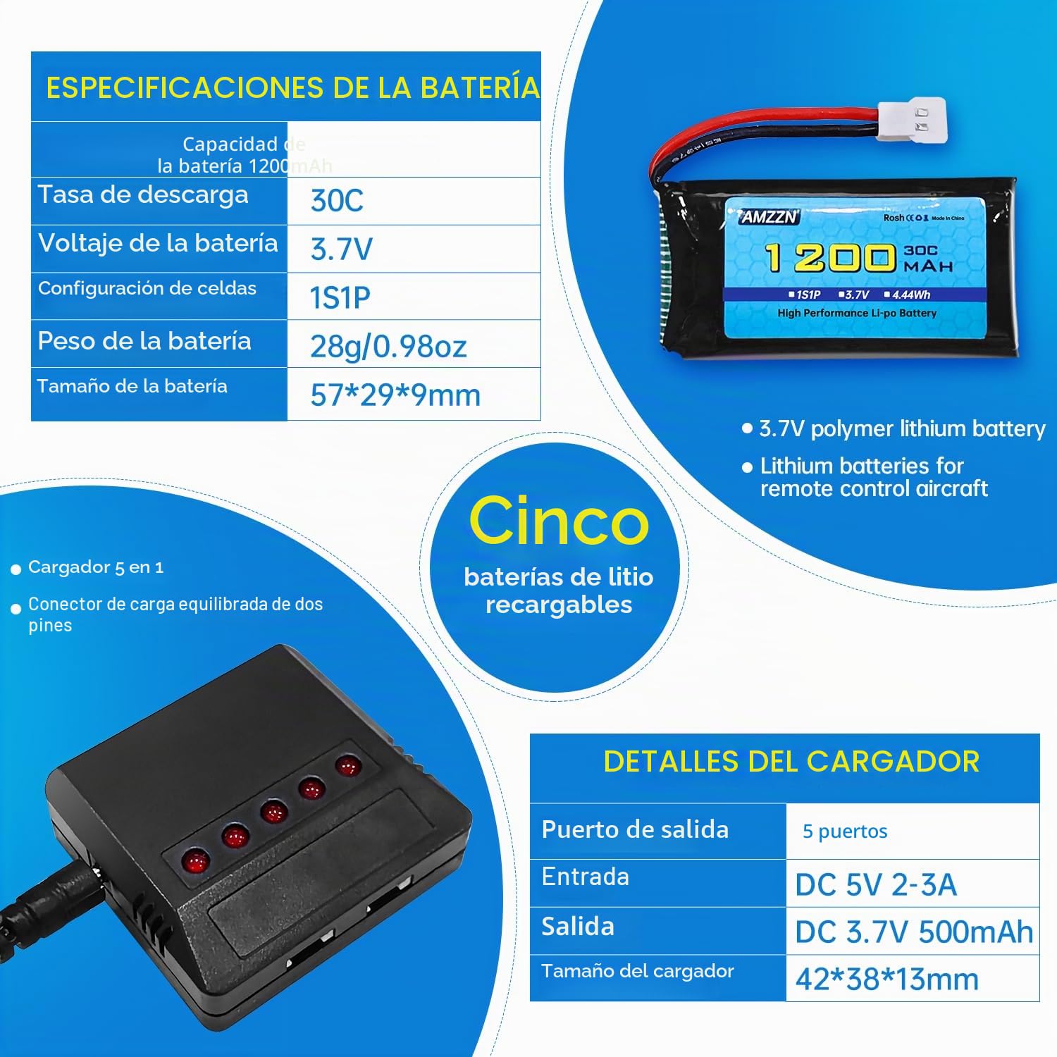 5 Unidades 3,7V 1200mAh 30C Molex Plug Lipo batería con Cargador 5 en 1 Adecuado para dron de Control Remoto SYMA X5SW X5SC-1 KY601S