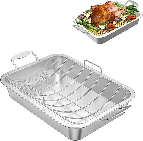 Skyflame Sartén para asar con estante para pavo, acero inoxidable, rectangular, plateado, para hornear, con estante en U antiadherente para cocinar