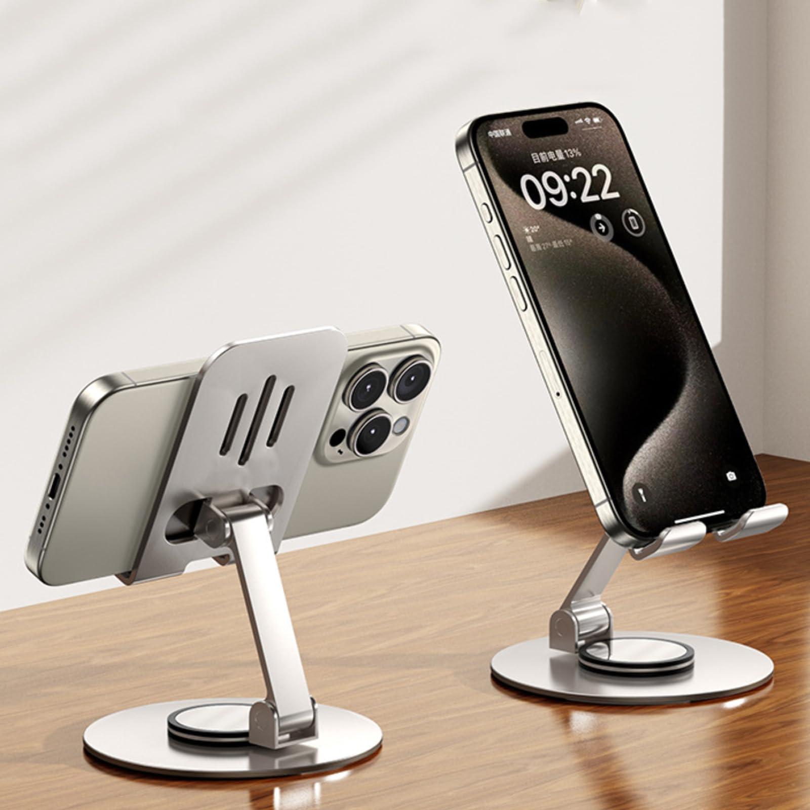 DEARART Silver Cell Phone Stand, 360° Adjustable Phone Stand for Desk, Foldable Phone Holder Fully Carried Easily, Disc Base