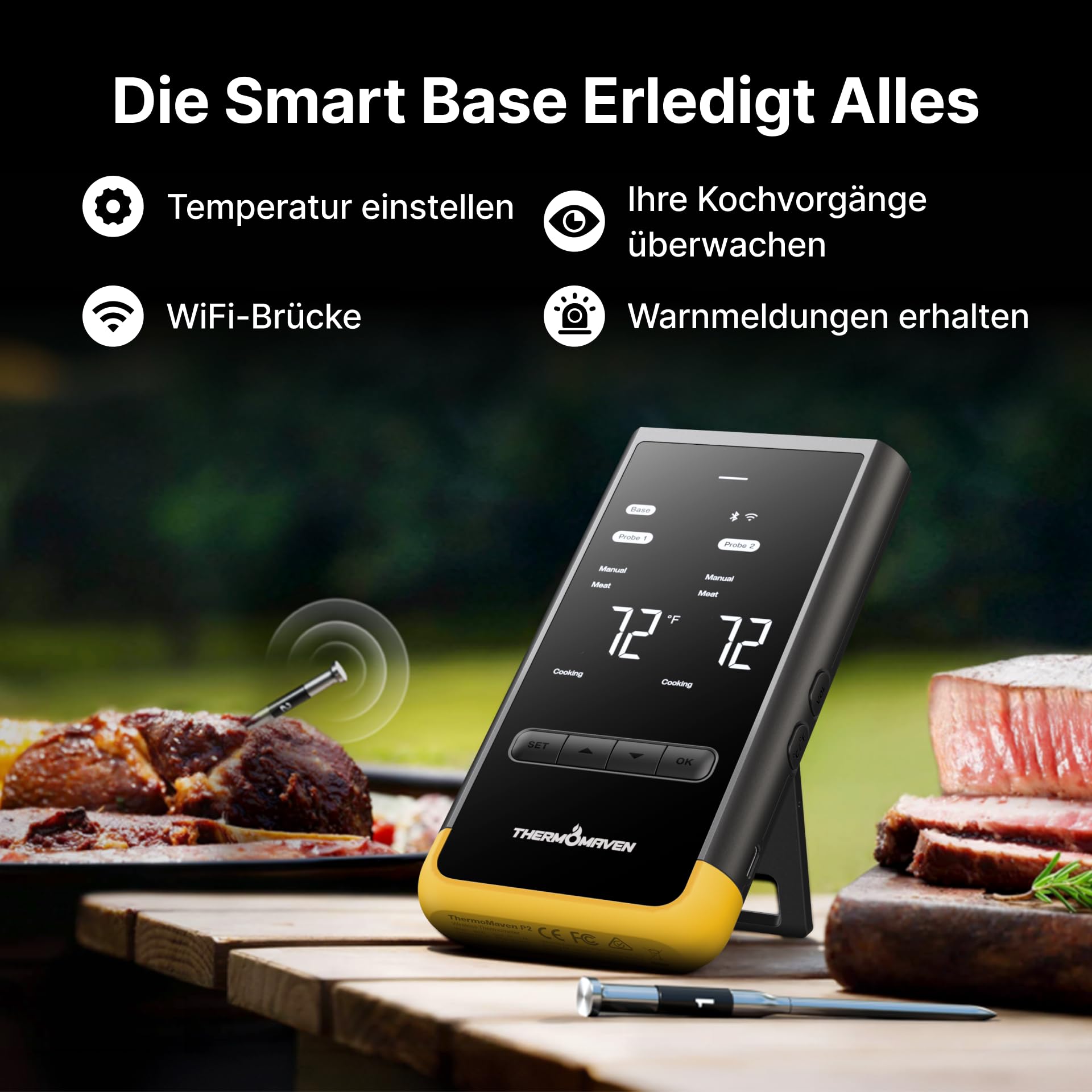 ThermoMaven Smartes Fleischthermometer Kabellose mit Basisstation, Bluetooth & WLAN, 2 Fühler, 6 Sensoren, NIST-zertifiziert, große, stabile WLAN-Reichweite, für Smoker, Backofen & BBQ, Goldgelb