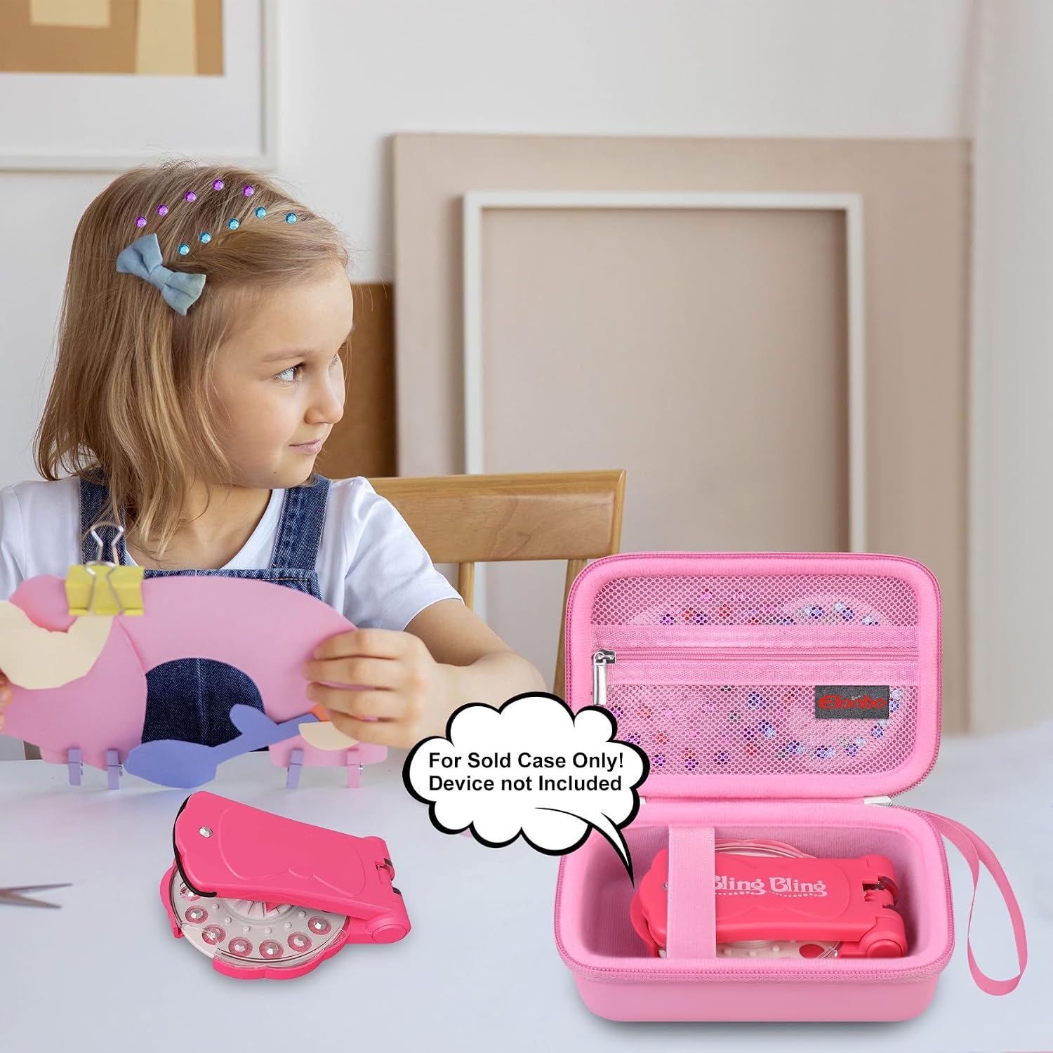 Elonbo Carrying Case for Blinger Dazzling Starter Kit, Blinger Kids Glam Collection Starter Kit Storage Bag, Kids Hair Styling Tool Travel Organizer Holder, Pocket fits Gems Rhinestones, Pink