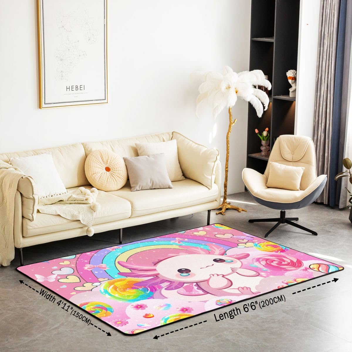 Ładny dywan do salonu, 100 x 150 cm, kawaii, motyw salamandry, różowy, do sypialni, dla dzieci, nastolatków, tęcza, lizaki kwiatowe, słodycze, do wnętrz, mata do dekoracji domu