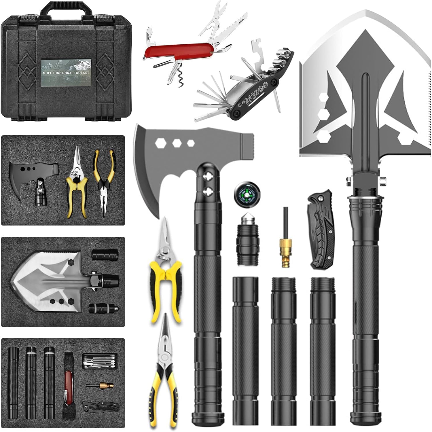 13PCS Survival Kit Camping Tools - Survival Gear and Equipment with Folding Shovel & Extension Rod & Survival Axe & Pliers & 16-in-1 Multi-Tool, Outdoor Tool Kit for Camping, Hiking, Bushcraft