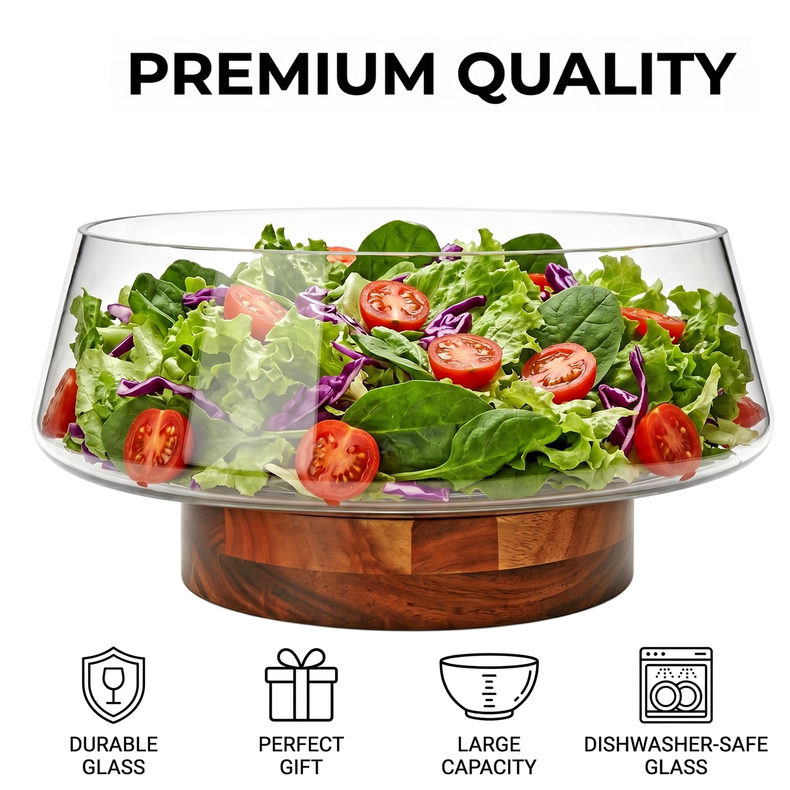 Accguan Glass Salad Bowl Set - Acacia Wood -4