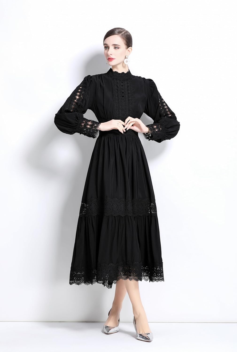 LAI MENG FIVE CATS Women's Vintage Mock Neck Lantern Sleeve High Waist Lace Trim Hollow Out Tiered Maxi Dress - Image 5