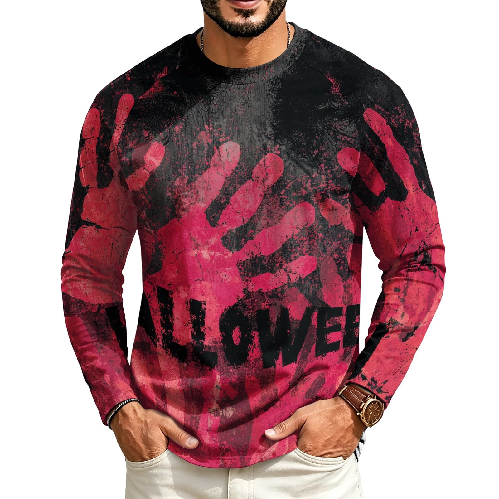 Halloween Crew Neck Shirts Costumes for Men Long Sleeve Fit Pumpkin Ghosts Print Casual Fashion Tops 2026，01-Wine M — image 1