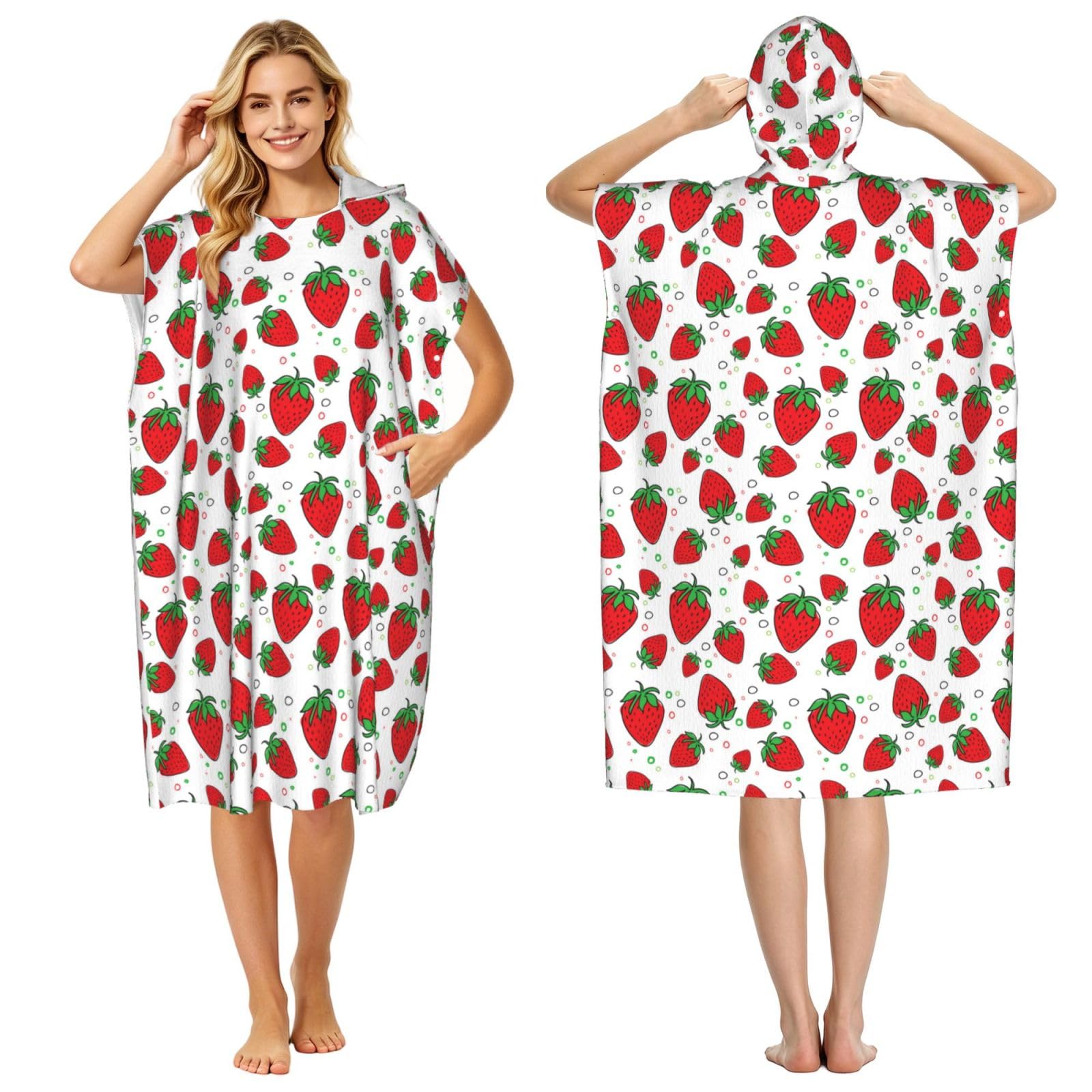 Poadnly Strawberry, Adult Hooded Beach Towel 90 x 110 cm,Changing Bath Robe, Surf Poncho Towel For Women Men