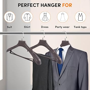 DEDU Suit Hangers for Men 15 Pack Width 17.1, Brown Coat Hangers no Shoulder Bump Non Slip for Thick Sweaters, Plastic Extra Wide Shoulder with Pants Bar & Metal Hook