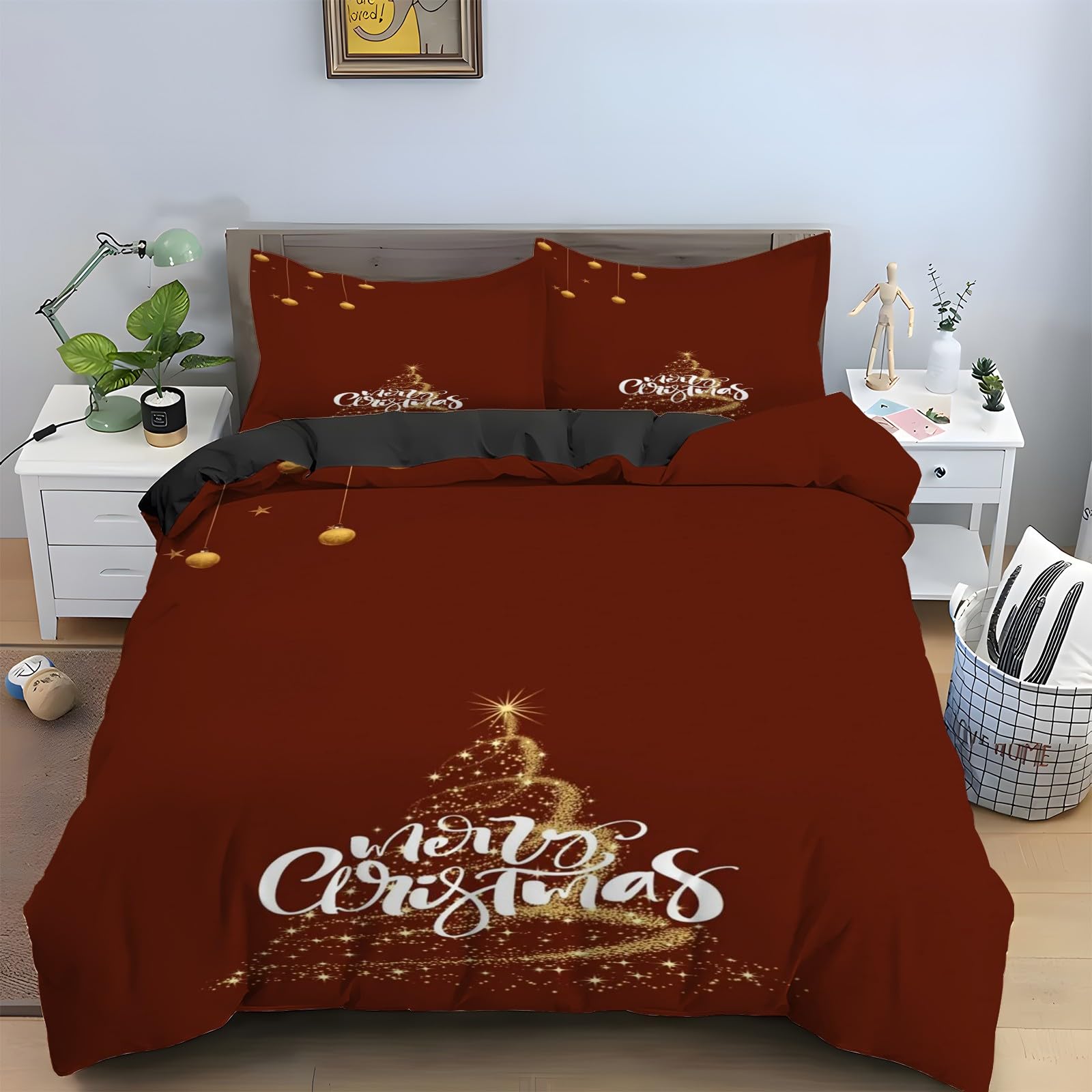 Housse de couette 200x200 Noël parure de lit festive imprimé boules pour cadeau de fin d'année