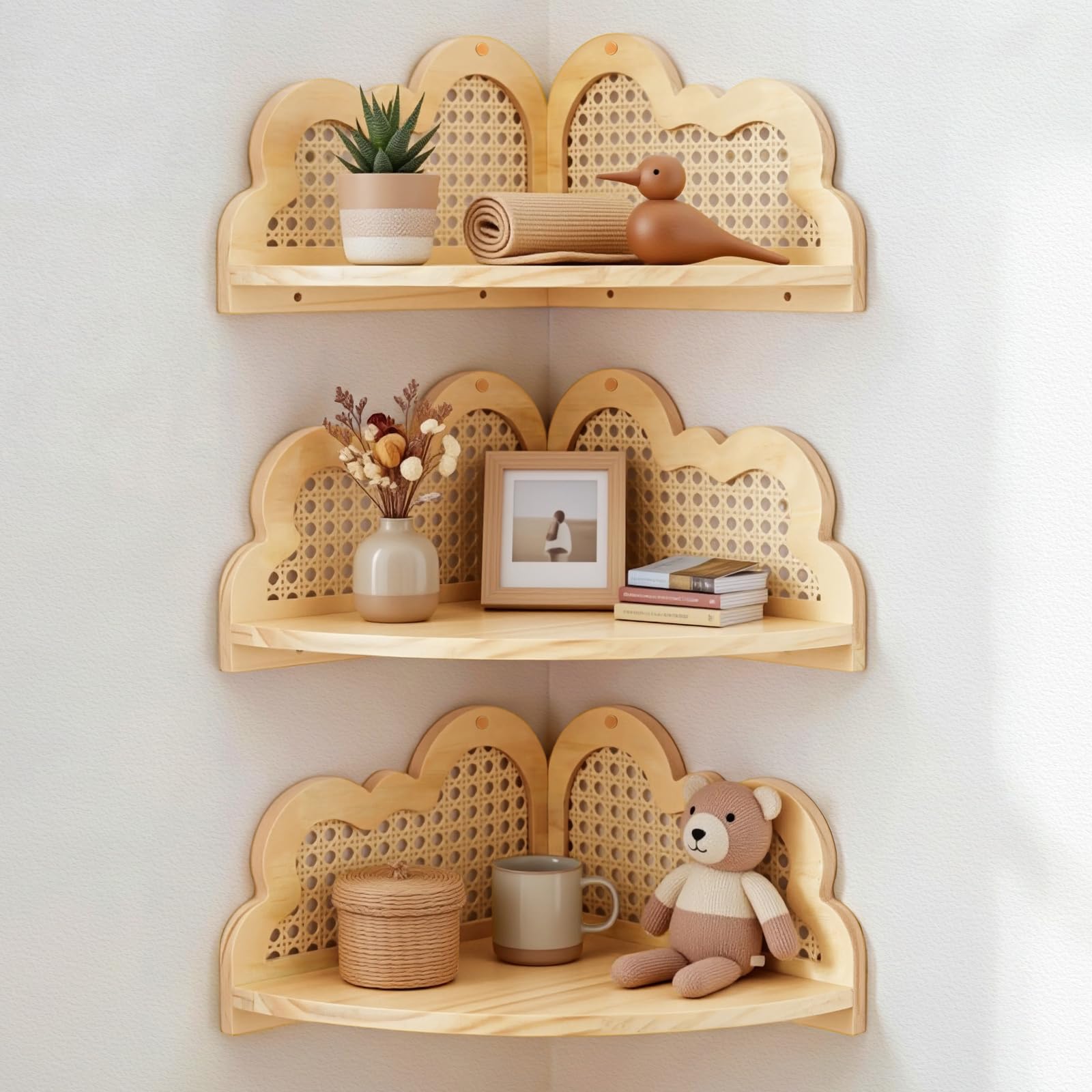3 Pcs Cloud Floating Corner Shelf Set Boho Rattan Storage with Natural Pine Wood Frame Cute Corner Shelves for Wall Home Decor Bedroom Kitchen Bathroom