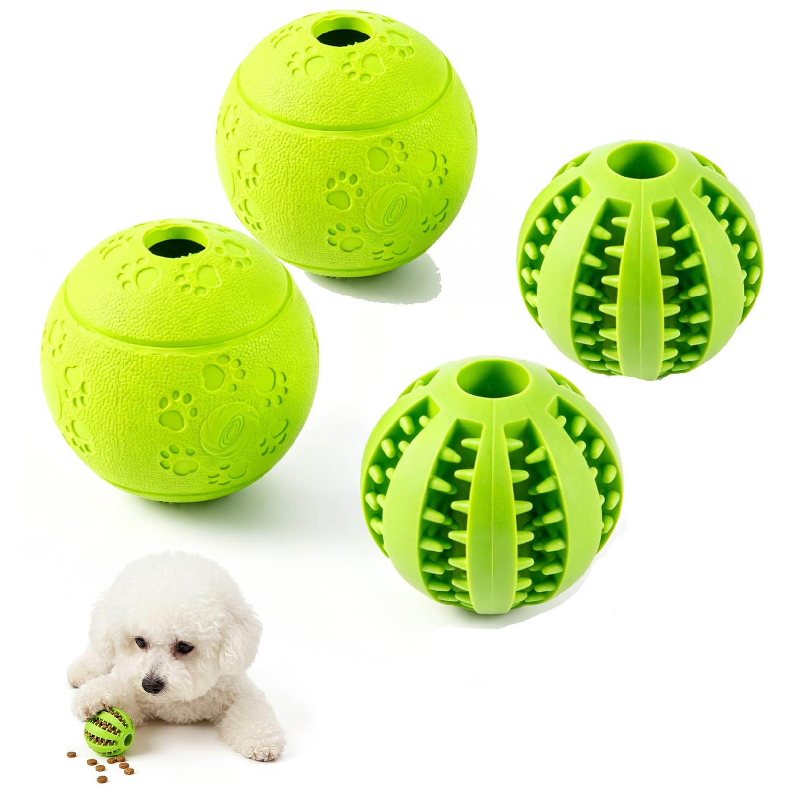 M.J COMFY-LIFE Dog Treat Toy Ball Interactive Rubber Puzzle Ball for Puppies, Small to Medium Dogs – Food Dispensing & Tooth Cleaning (Green-4pcs, 7cm+8cm)