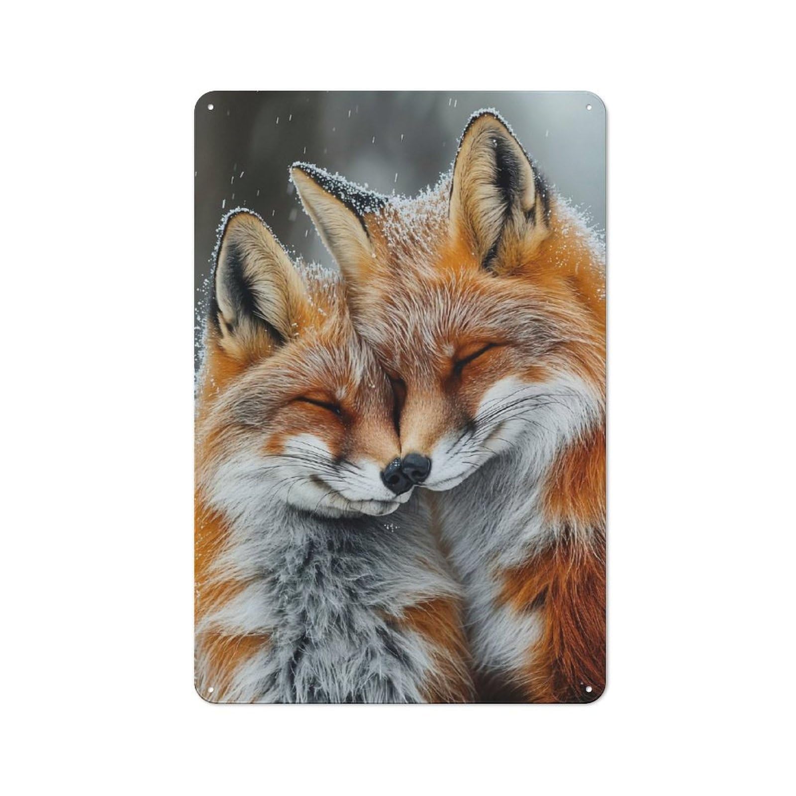 Nostalgic Decorative Tin Plaque 30x20cm Featuring Two Foxes Cuddling in The Snow, Classic Pub Decor for Cafe, Pub, Workshop Or Home Bar