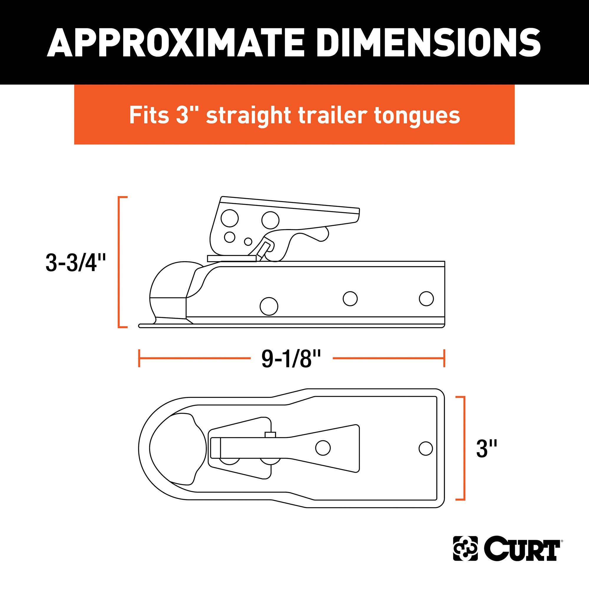 CURT 25131 Straight Tongue Trailer Coupler for 3-Inch Channel, 1-7/8-In Hitch Ball, 2,000 lbs, CLEAR ZINC