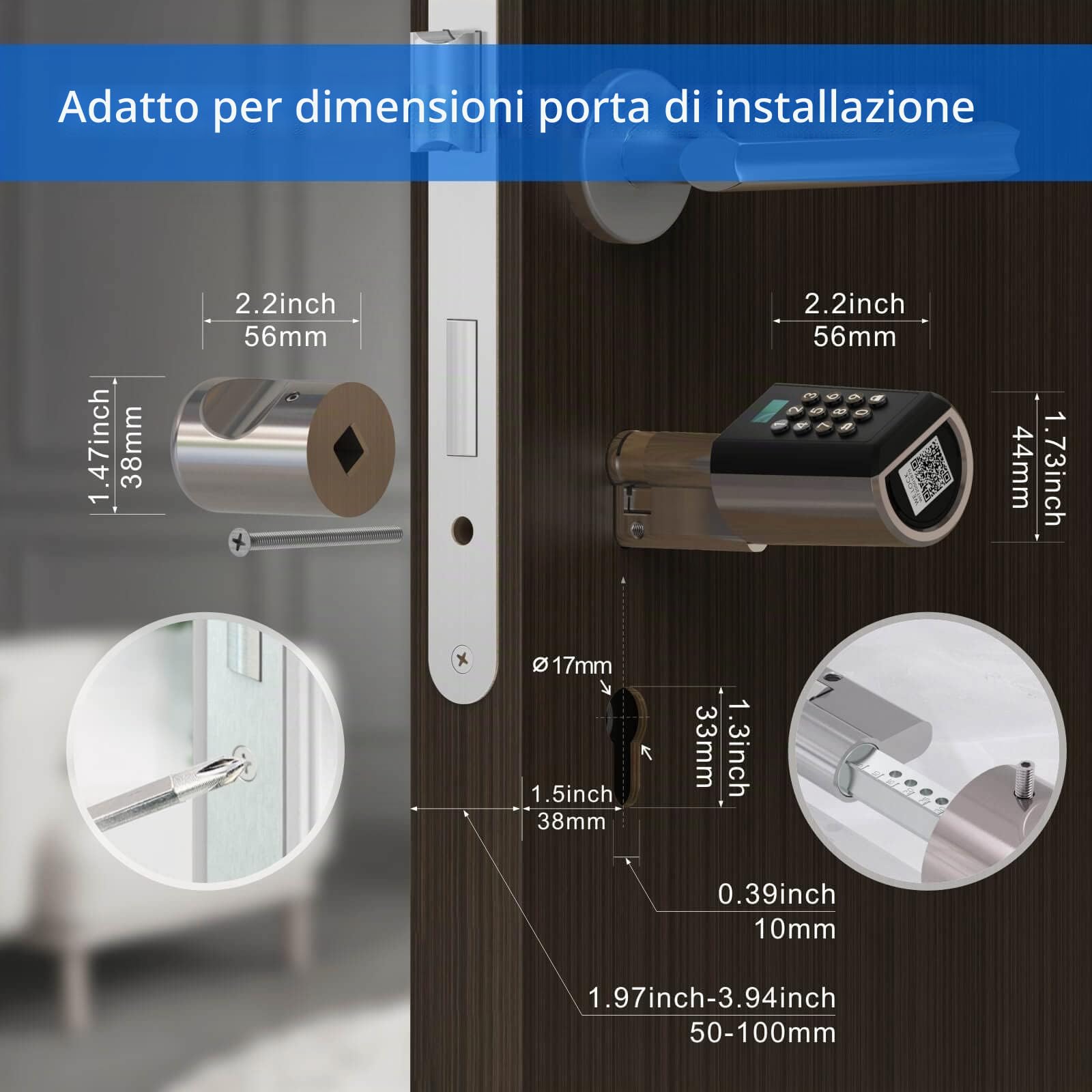 WELCOK Serratura Intelligente con Combinazione, Sblocco Bluetooth & APP, Serratura Elettronica Universale per Porte Interne Spessore 50-100 mm, Installazione Semplice, per Casa, Ufficio